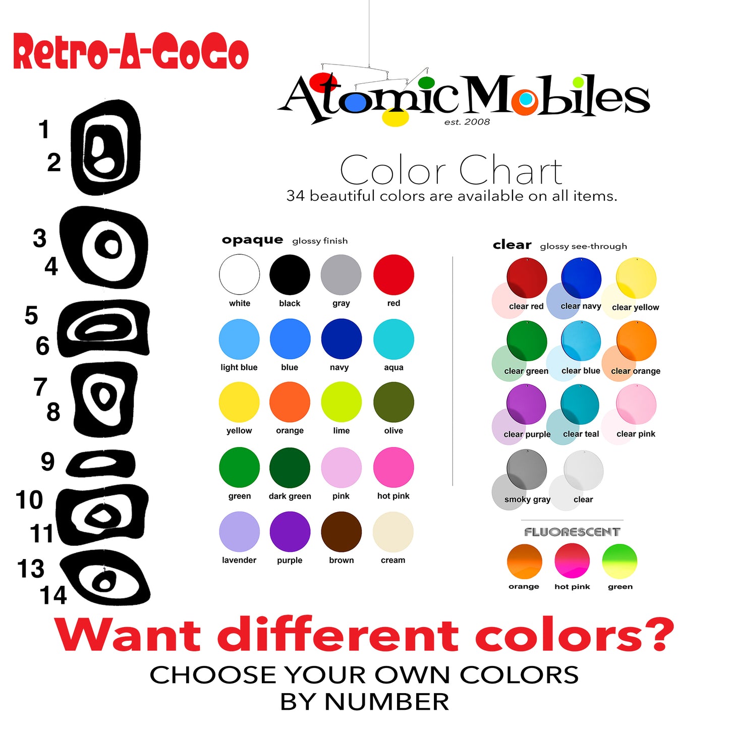 Retro-A-GoGo Color Chart for Custom Colors for Vertical Hanging Art Mobile by AtomicMobiles.com