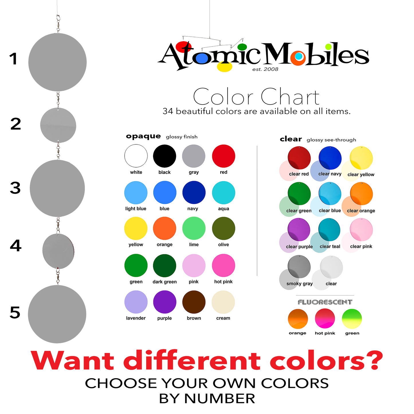 Twirlies Color Chart - fun hanging art mobiles that are circles of color that twirl - by AtomicMobiles.com