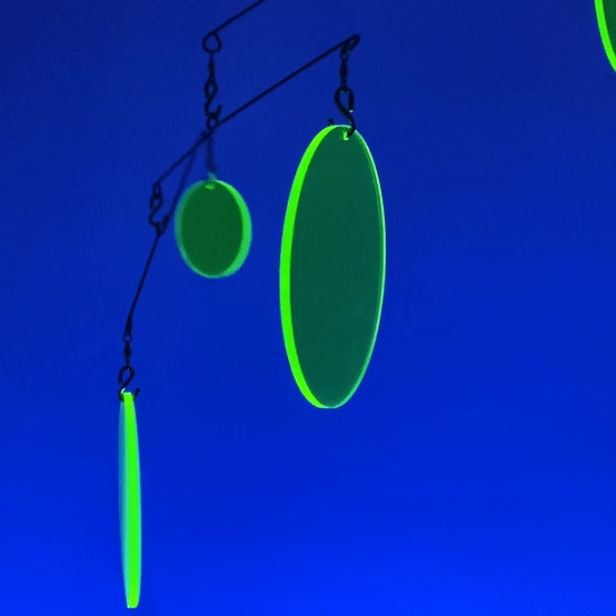 Animated gif of The Atomic Mobile in Fluorescent Lime Green Acrylic - hanging art mobiles by AtomicMobiles.com