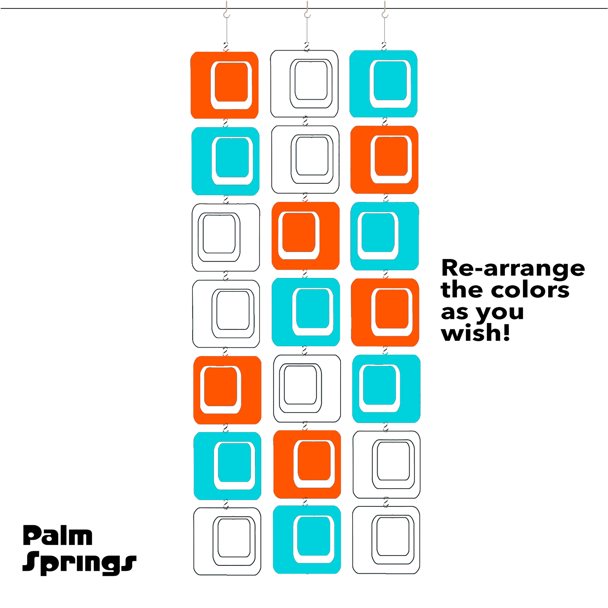 Palm Springs Coolsville XL hanging art mobile and room divider  in Orange, Aqua Blue, and White- retro 1960s and 70s retro mid century modern style home decoration by AtomicMobiles.com