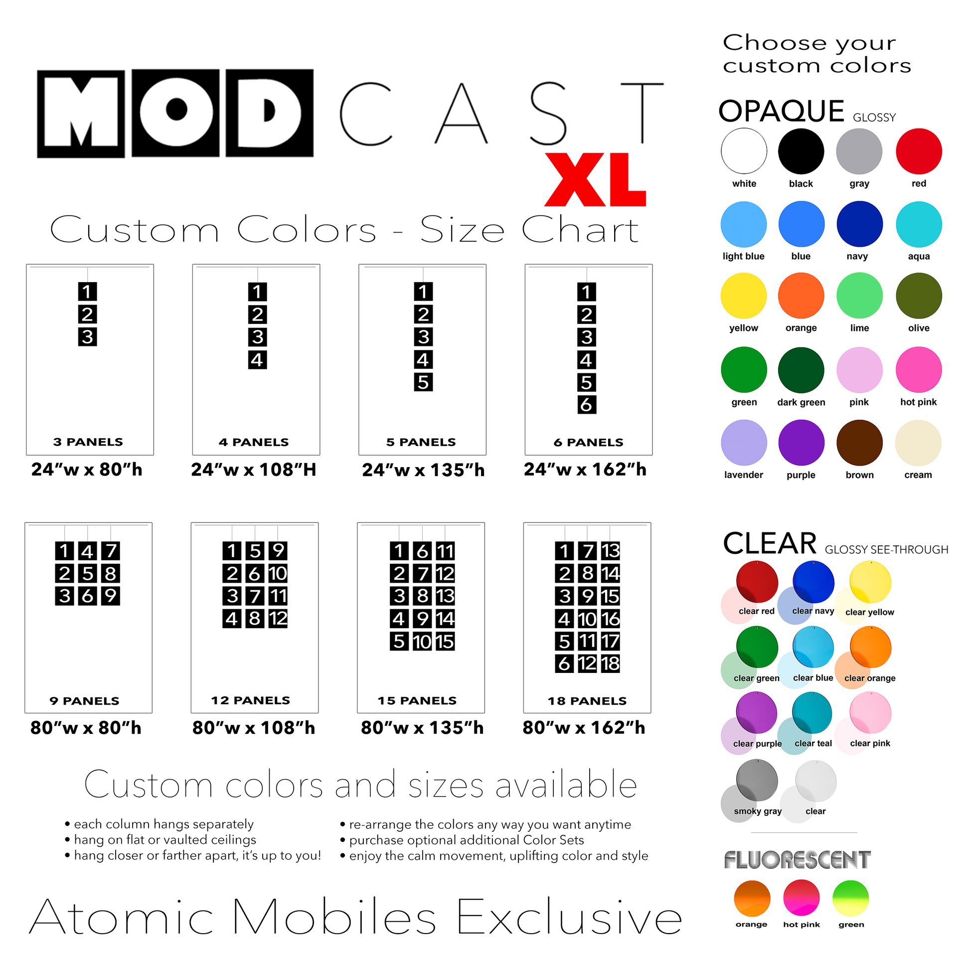 Color Chart and Sizes for XL MODcast hanging art mobiles in 34 acrylic plexiglass colors - kinetic mid century modern style home decorations by AtomicMobiles.com