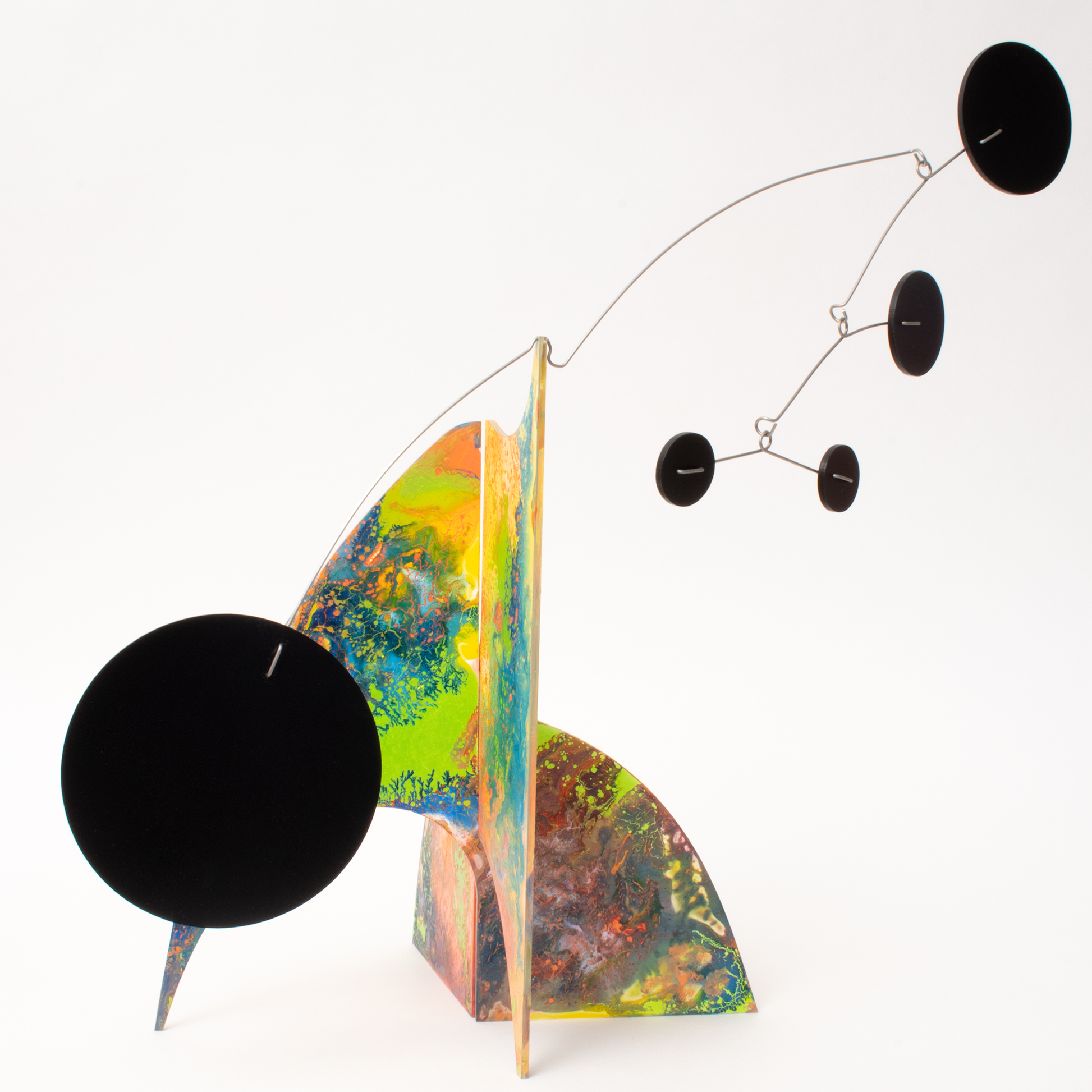 Overview of colorful abstract kinetic art stabile - hand painted one of a kind - modern sculpture by AtomicMobiles.com