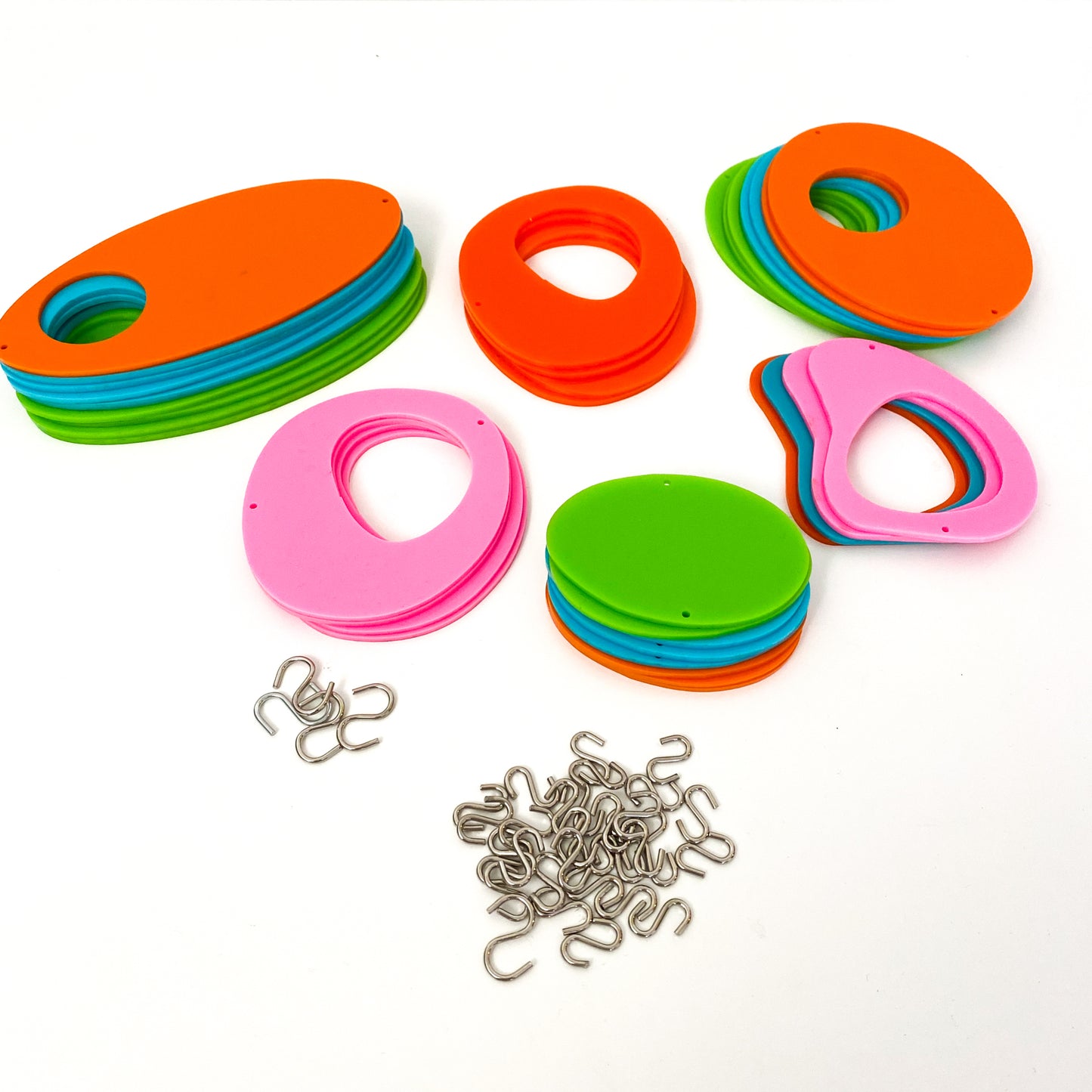Parts for DIY cool retro kinetic art piece Kit  in orange, pink, lime, and  aqua for wall art, mobiles, or room dividers by AtomicMobiles.com