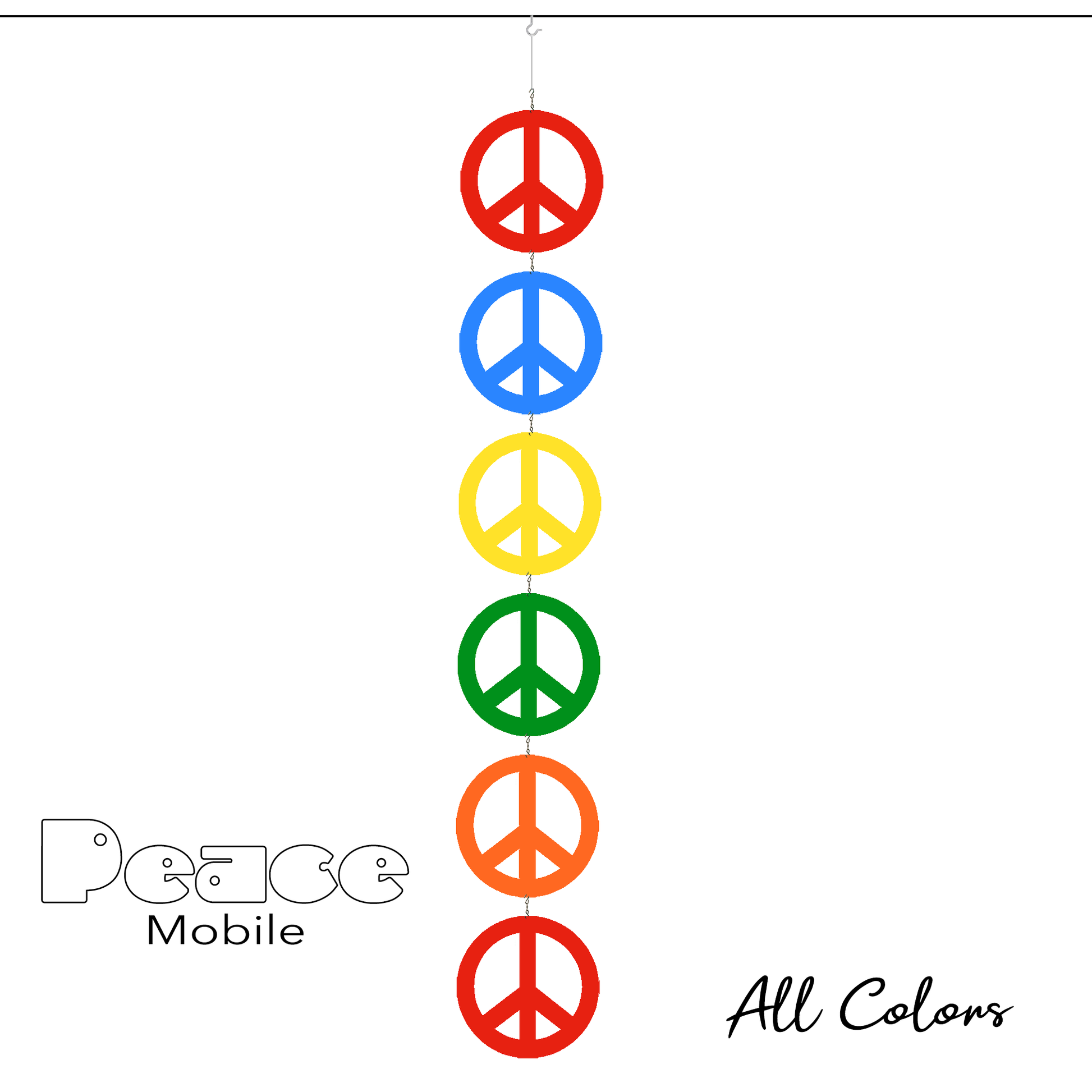 All Colors Peace Mobile - 6 Peace signs in red, blue, yellow, green, orange - kinetic hanging art mobile symbolizes World Peace - by AtomicMobiles.com