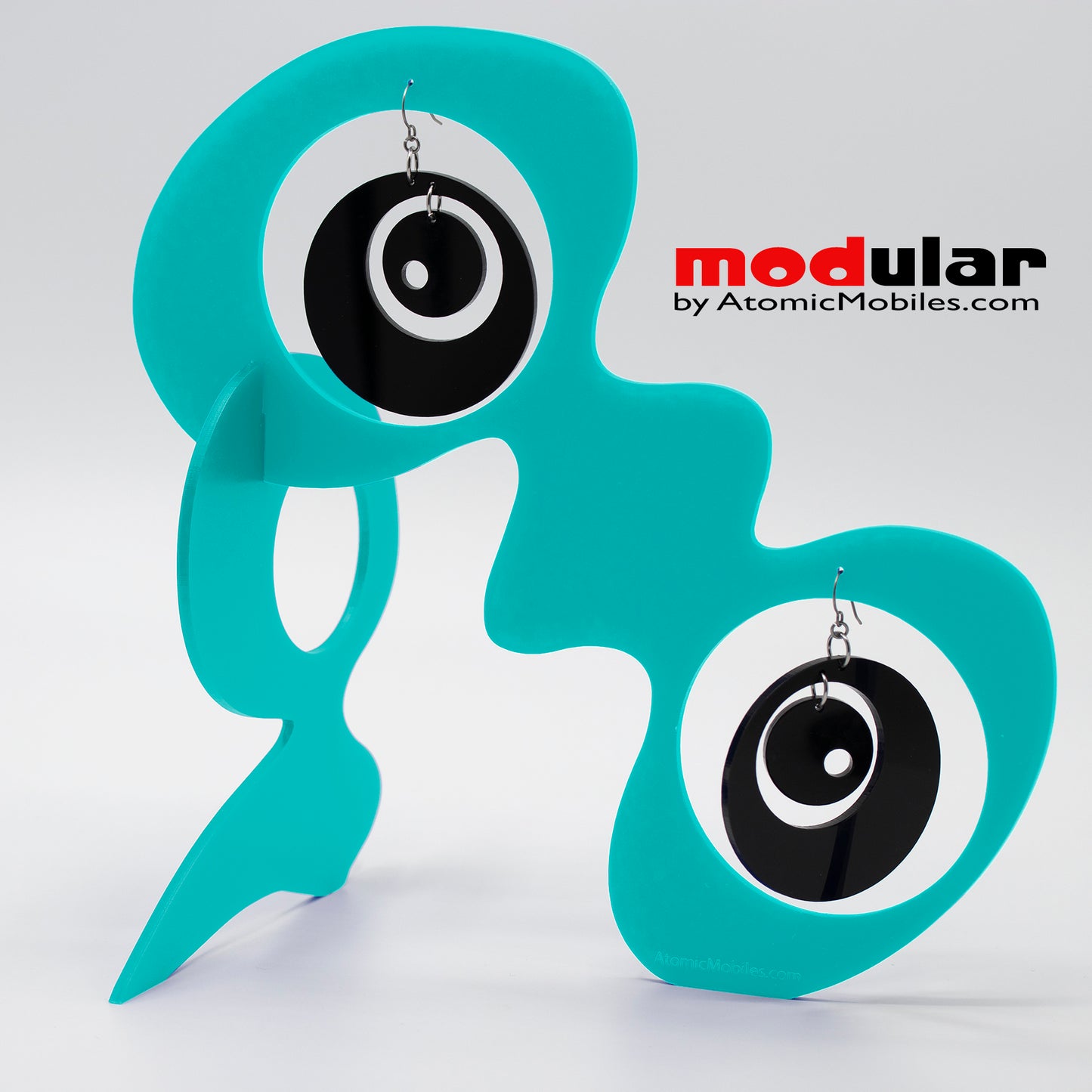 Handmade Groovy style earrings and stabile kinetic modern art sculpture in Aqua and Black by AtomicMobiles.com