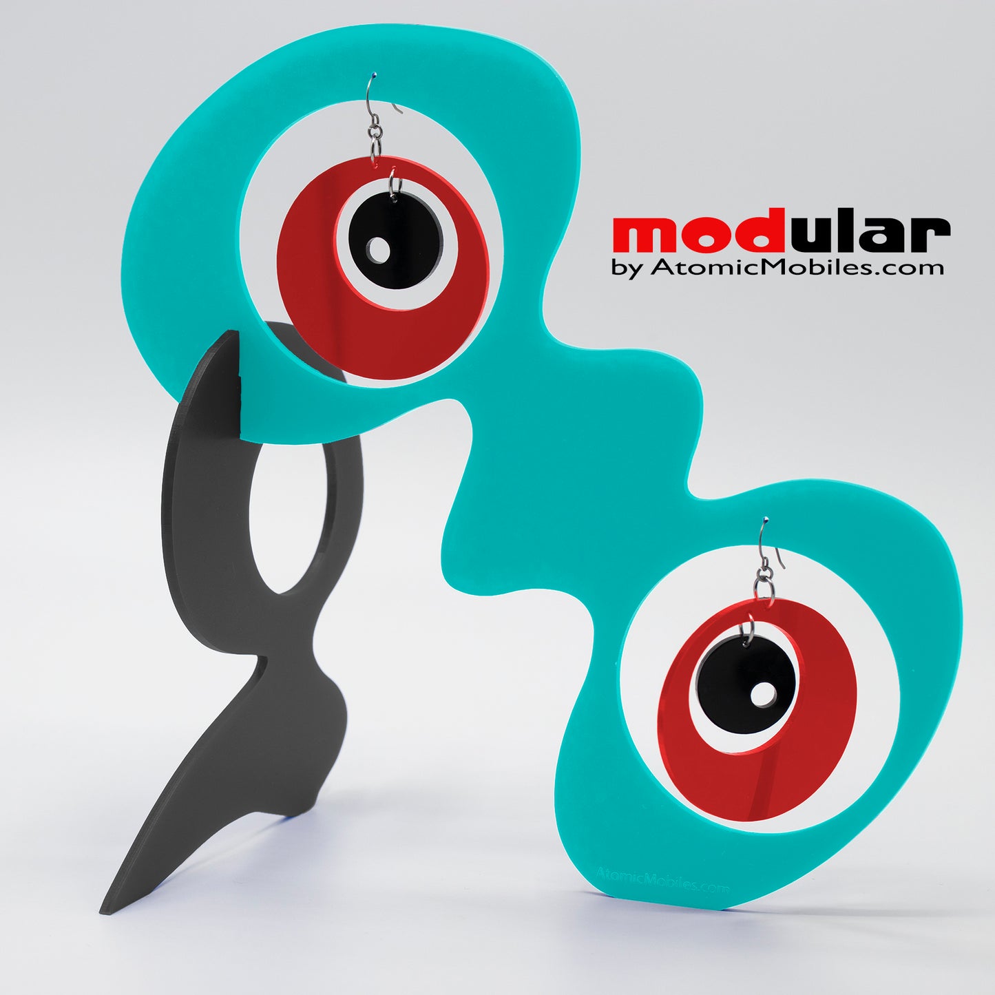 Handmade Groovy style earrings and stabile kinetic modern art sculpture in Aqua Red and Black by AtomicMobiles.com