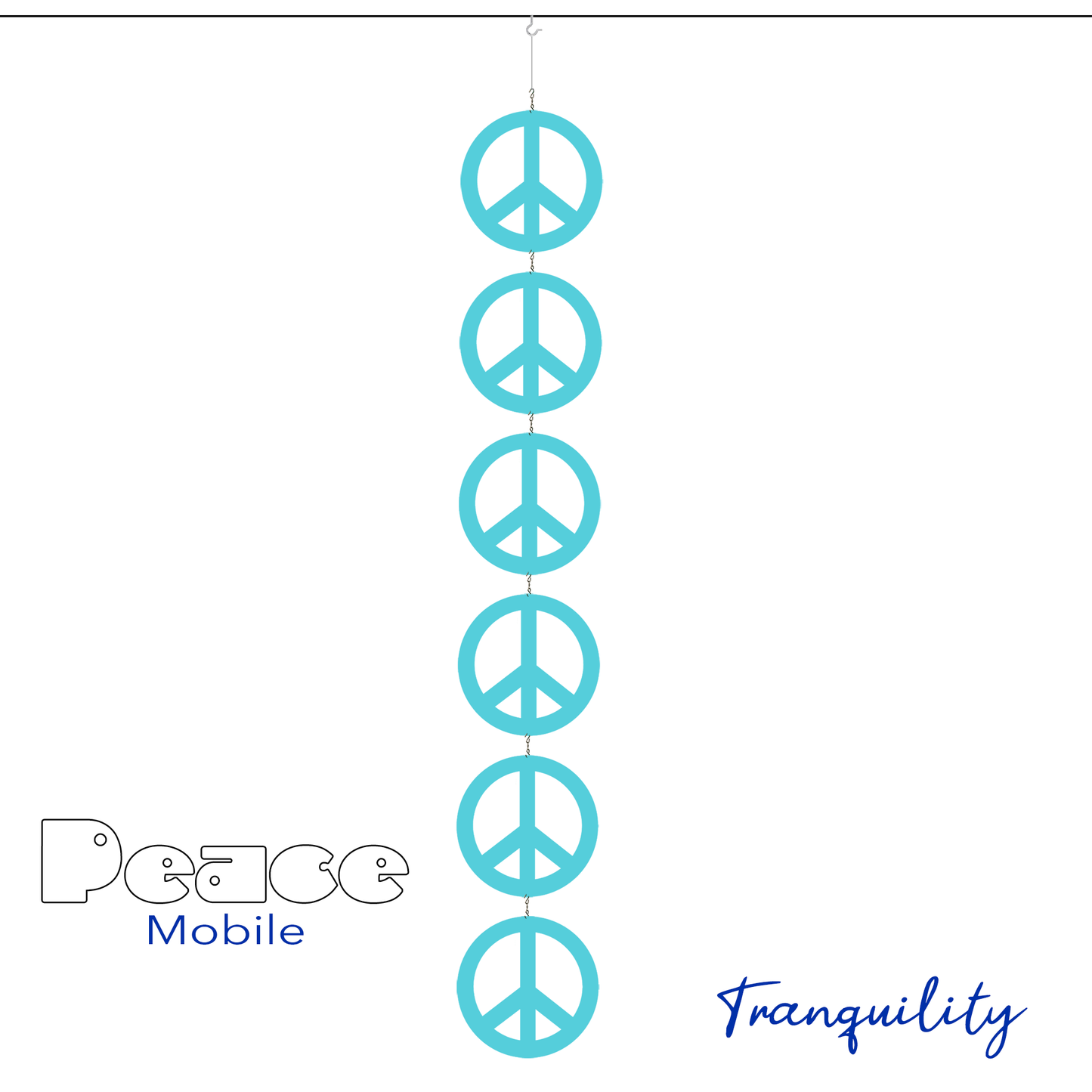Tranquility Peace Mobile - 6 Peace signs in aqua blue - kinetic hanging art mobile symbolizes World Peace - by AtomicMobiles.com