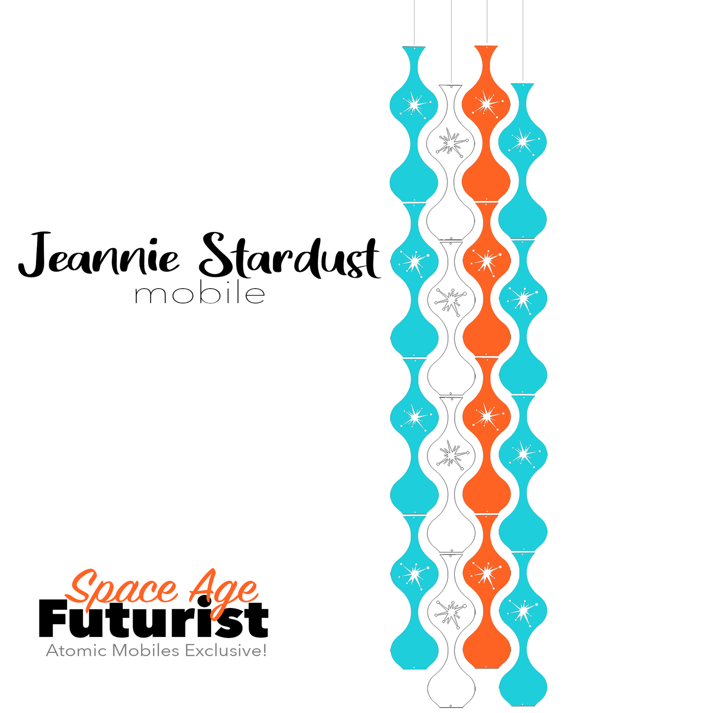Space Age Futurist Jeannie Stardust Hanging Art Mobile - mid century modern home decor in Aqua White and Orange - by AtomicMobiles.com