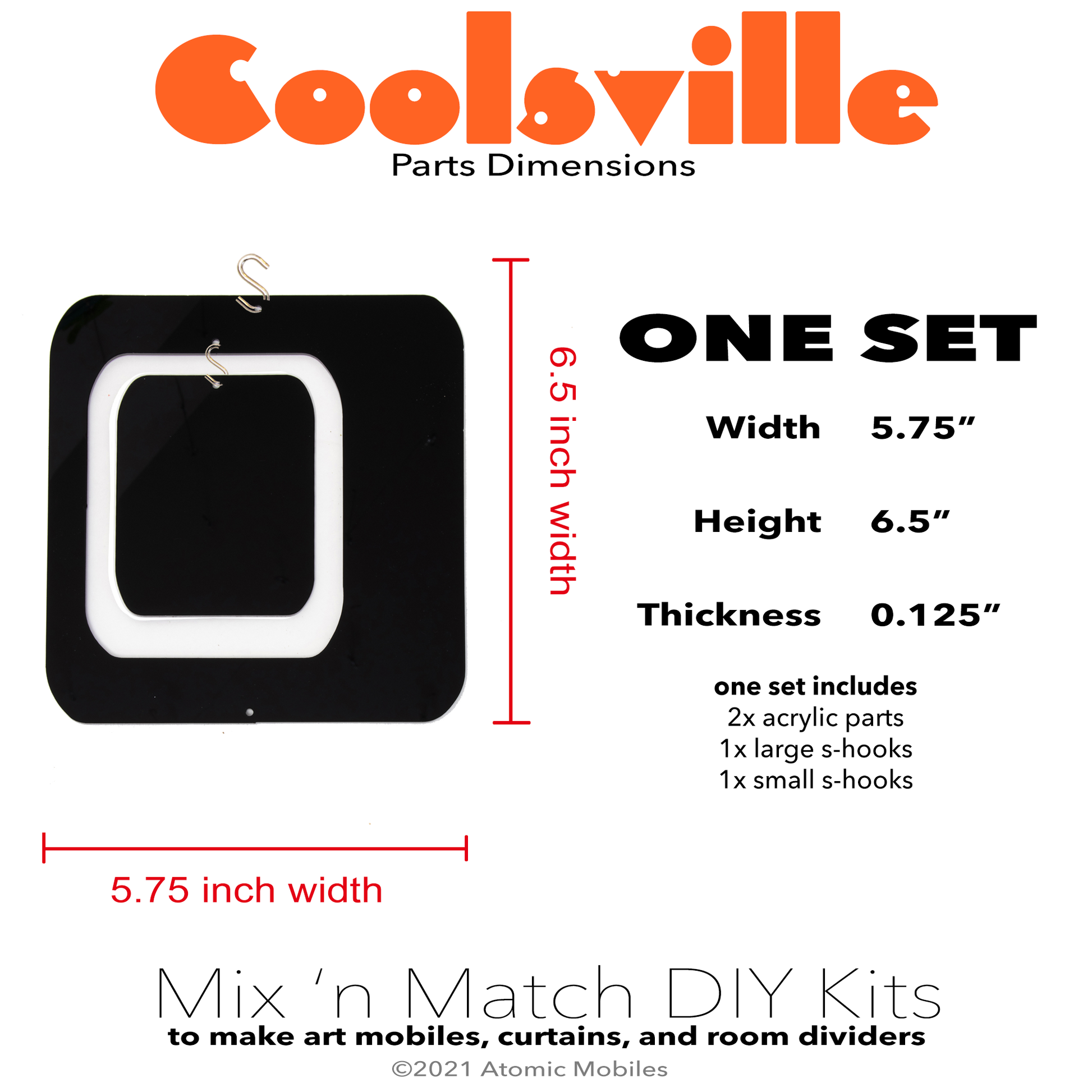Coolsville Parts Dimensions for One Set for mix 'n match DIY kits to make hanging art mobiles, room dividers, and curtains by AtomicMobiles.com
