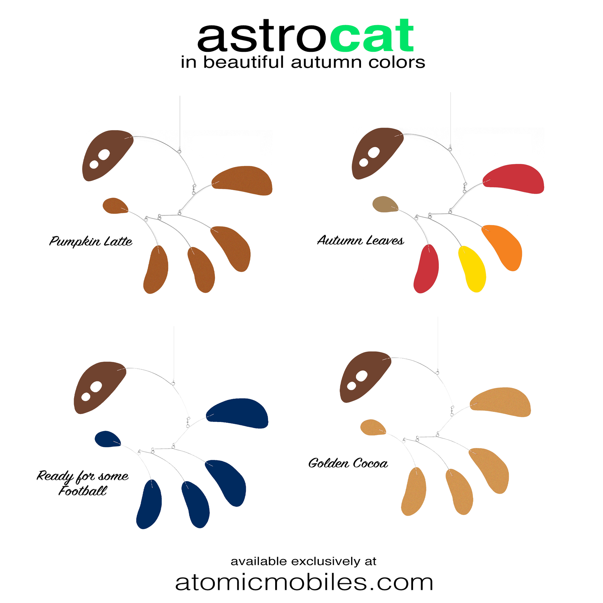 ASTROCAT hanging art mobiles in beautiful autumn colors of brown, cocoa, red, yellow, orange, navy, and brown by AtomicMobiles.com
