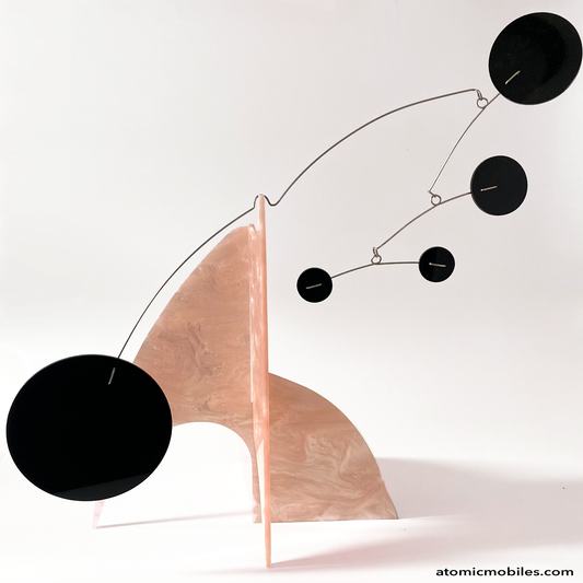Lovely baby pink marbled acrylic Moderne Art Stabile Sculpture with black circles by AtomicMobiles.com