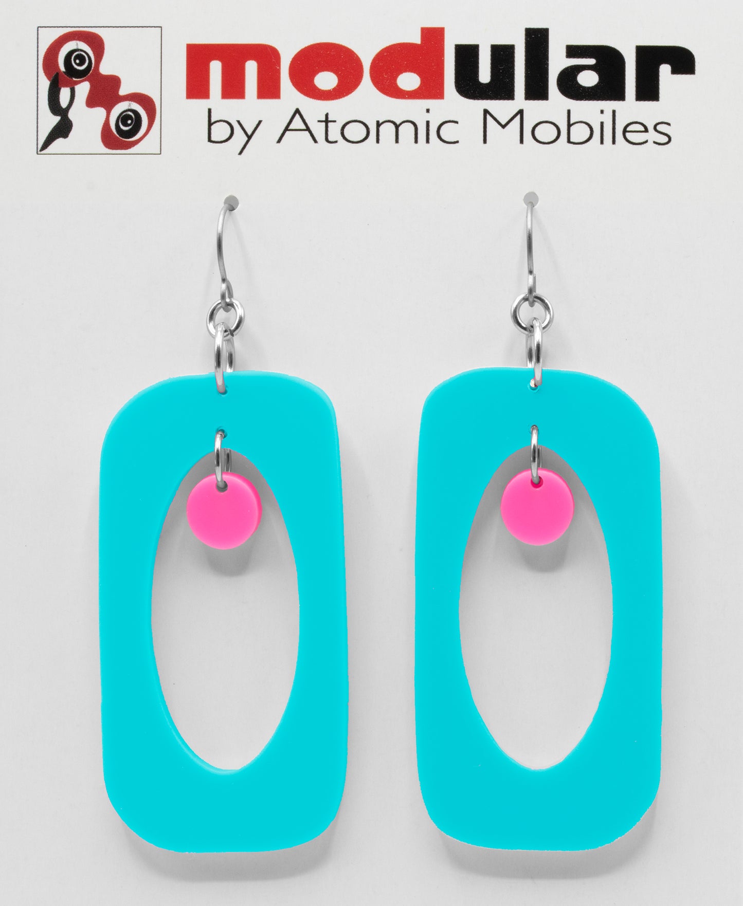 MODular Earrings - Beatnik Boho Statement Earrings in Aqua and Hot Pink by AtomicMobiles.com - retro era inspired mod handmade jewelry