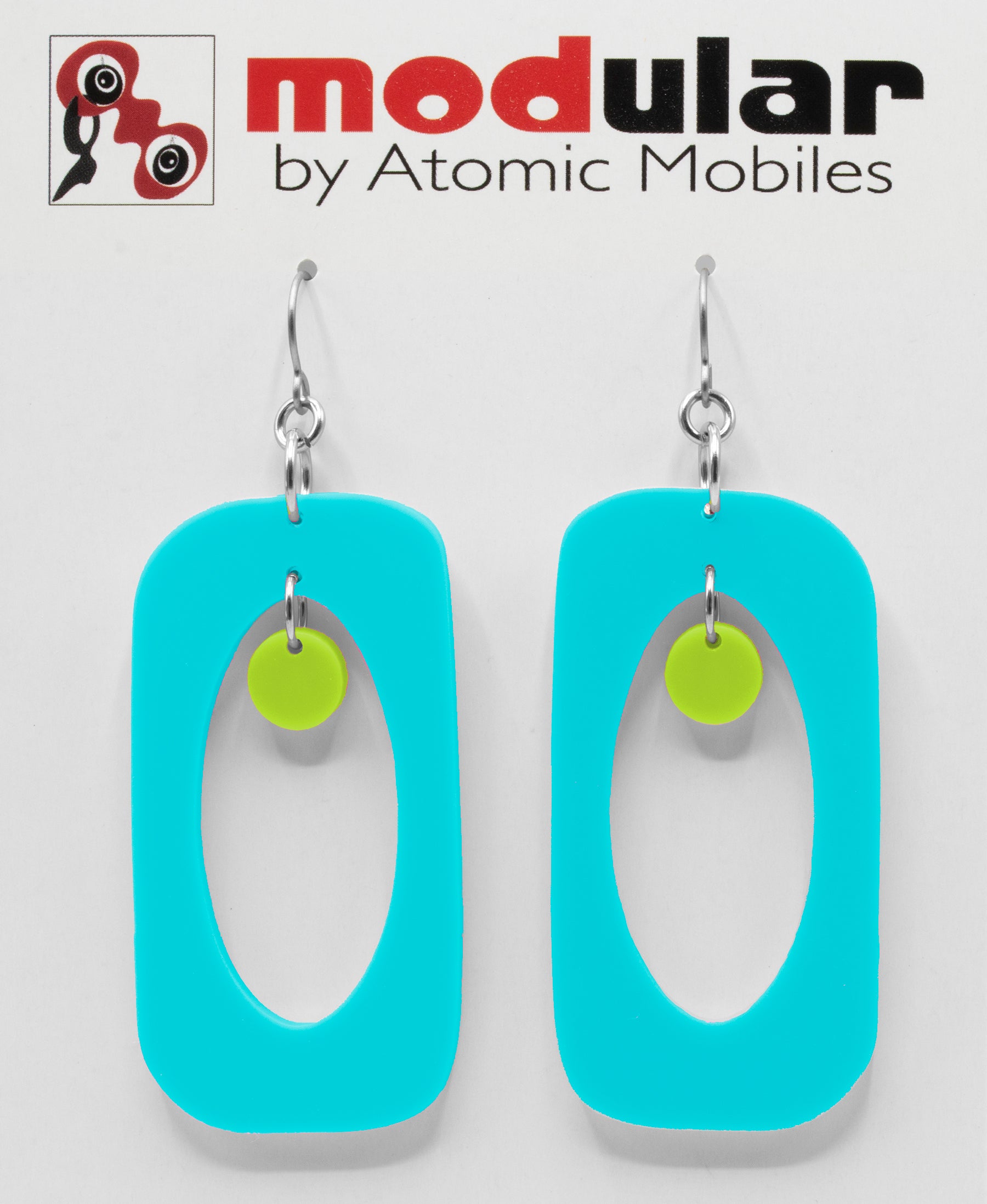 MODular Earrings - Beatnik Boho Statement Earrings in Aqua and Lime - Palm Springs Colors - by AtomicMobiles.com - retro era inspired mod handmade jewelry