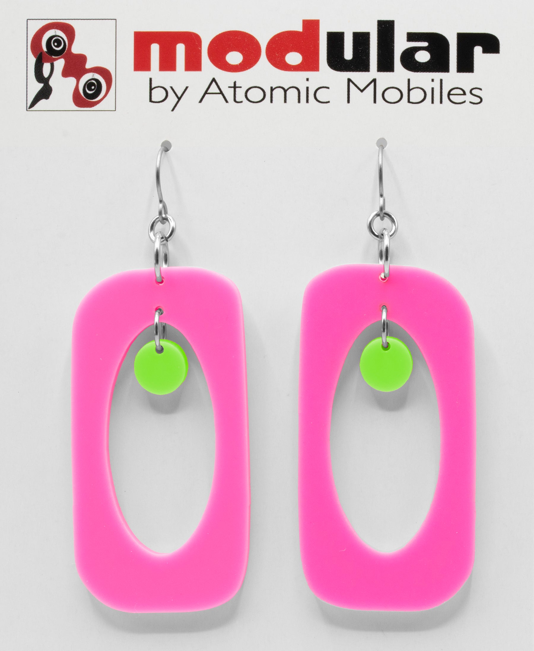 MODular Earrings - Beatnik Boho Statement Earrings in Hot Pink and Lime by AtomicMobiles.com - retro era inspired mod handmade jewelry