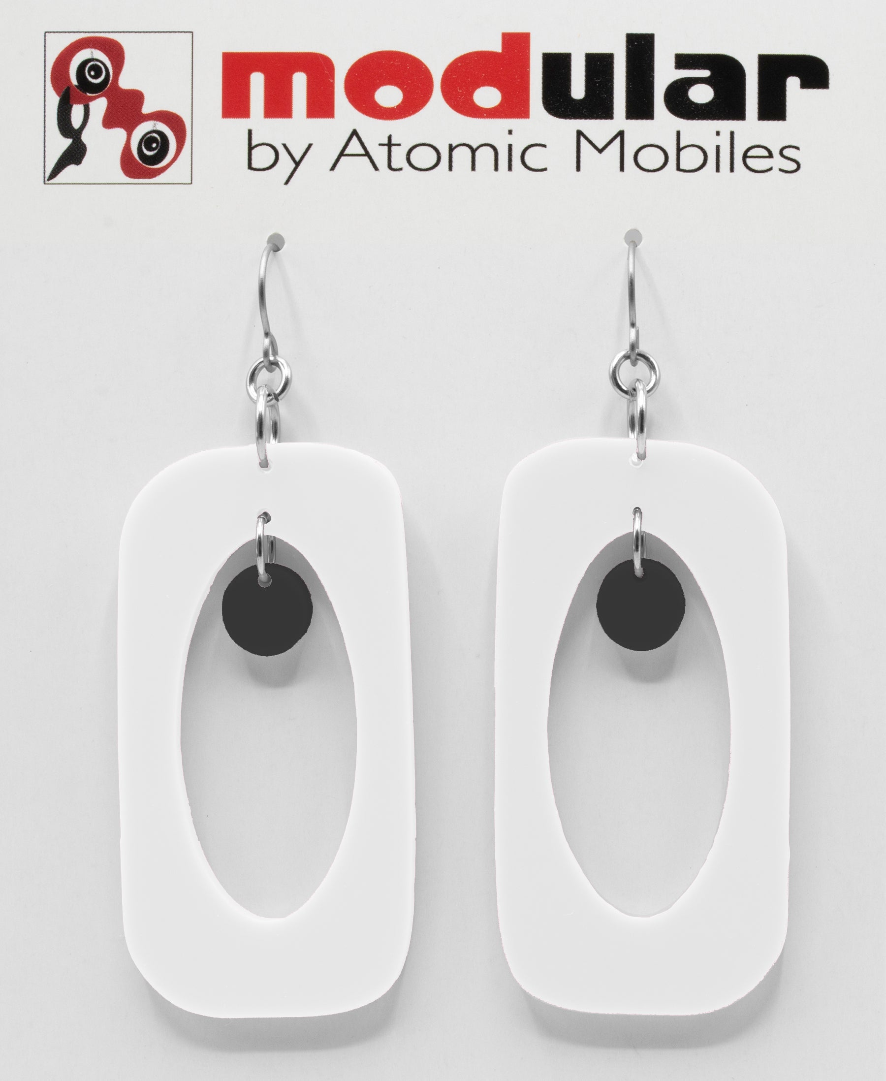 MODular Earrings - Beatnik Boho Statement Earrings in White and Black by AtomicMobiles.com - retro era inspired mod handmade jewelry