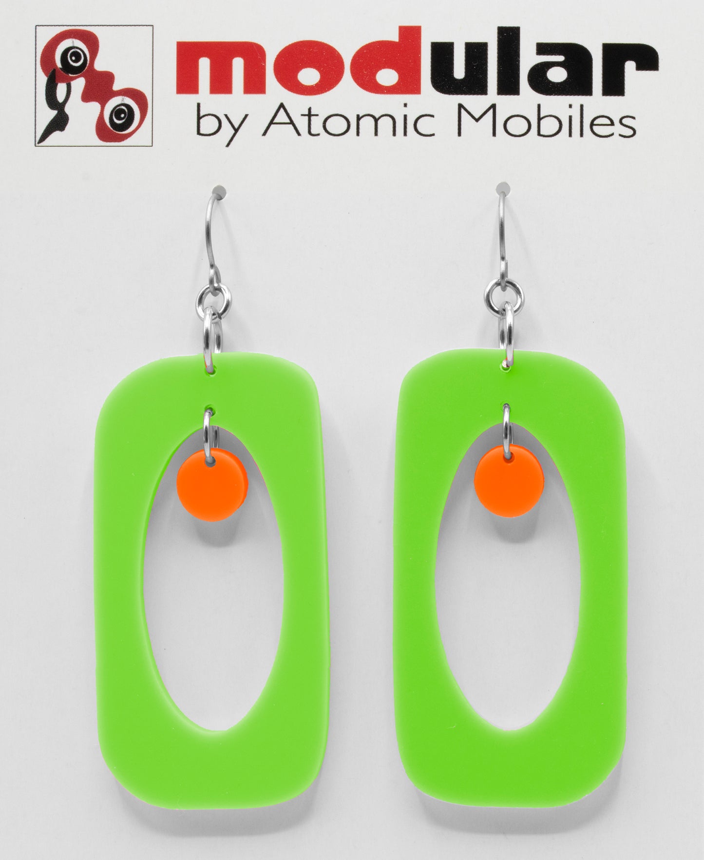 MODular Earrings - Beatnik Boho Statement Earrings in Lime and Orange - Palm Springs Colors - by AtomicMobiles.com - retro era inspired mod handmade jewelry