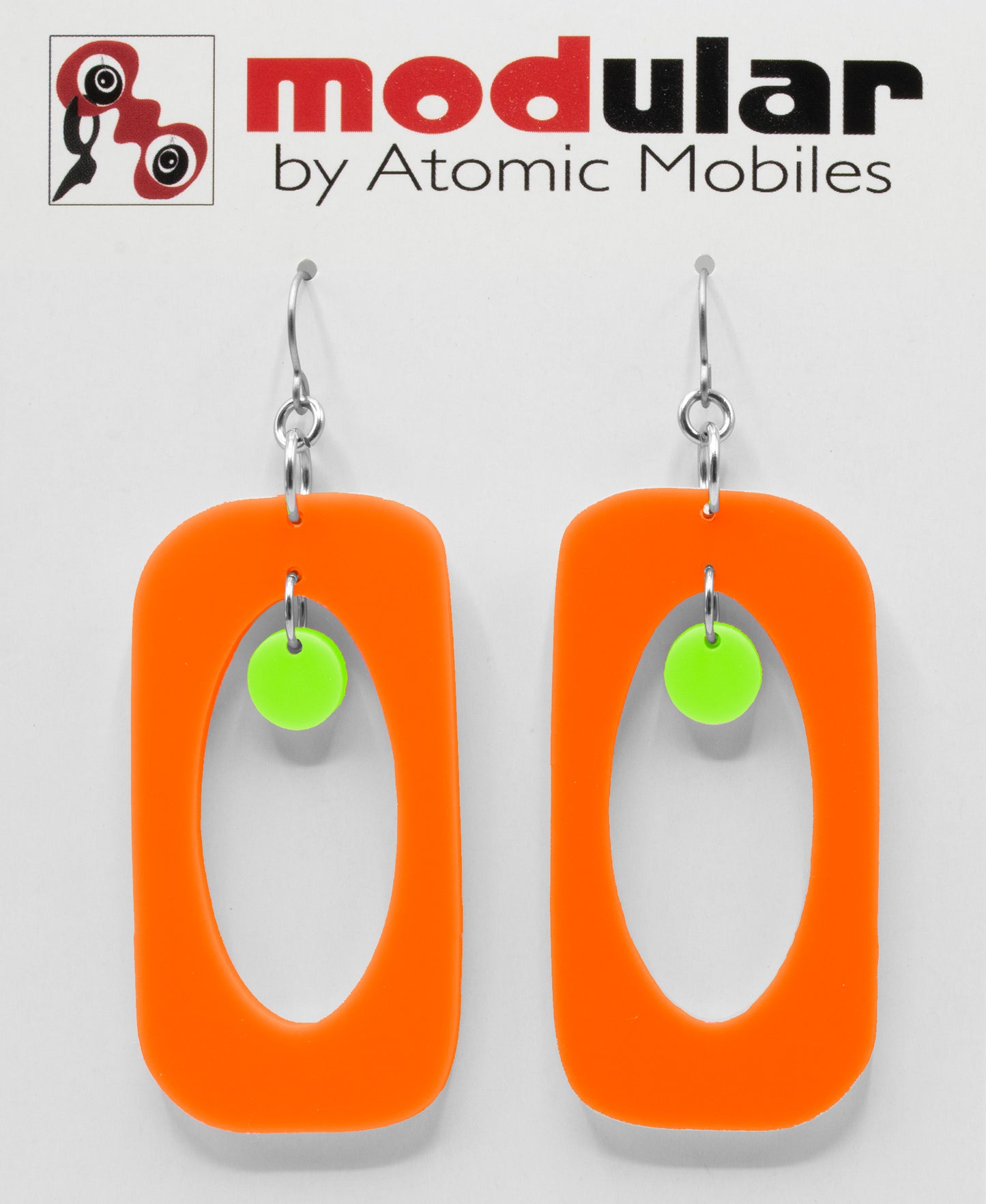 MODular Earrings - Beatnik Boho Statement Earrings in Orange and Lime - Palm Springs Colors - by AtomicMobiles.com - retro era inspired mod handmade jewelry
