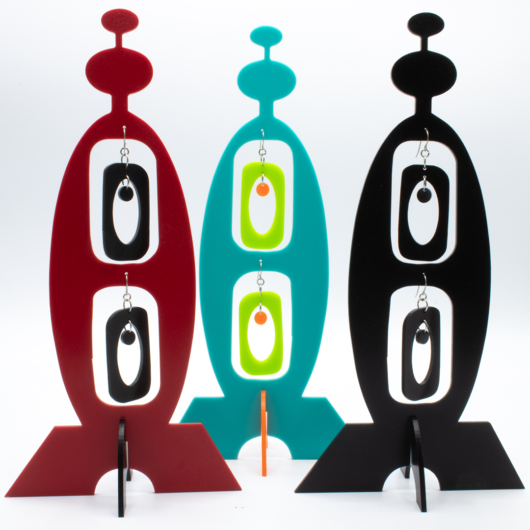 Red, Aqua, and Black Beatnik Boho sculptures - earrings + sculpture - by AtomicMobiles.com