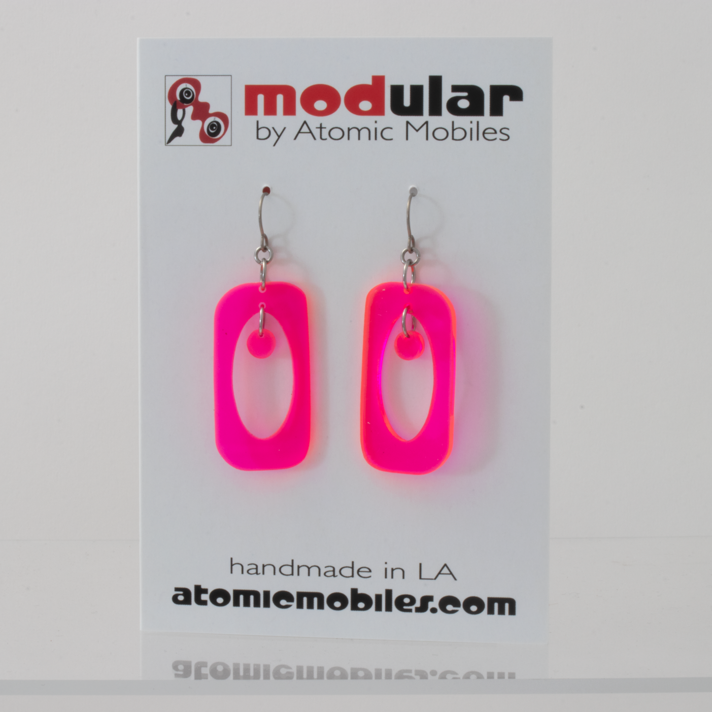 Beatnik Boho Modern Earrings in Neon Fluorescent Hot Pink plexiglass acrylic by AtomicMobiles.com