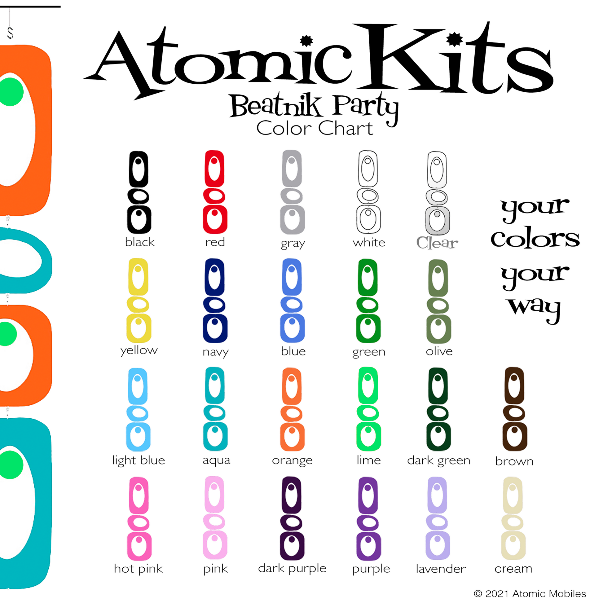 Beatnik Party Color Chart for Atomic Mobiles and Room Divider Kits by AtomicMobiles.com