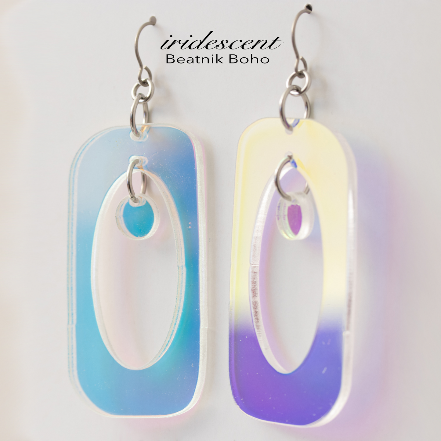 Gorgeous color changing iridescent Beatnik Boho retro mid century modern statement earrings in two sizes by AtomicMobiles.com