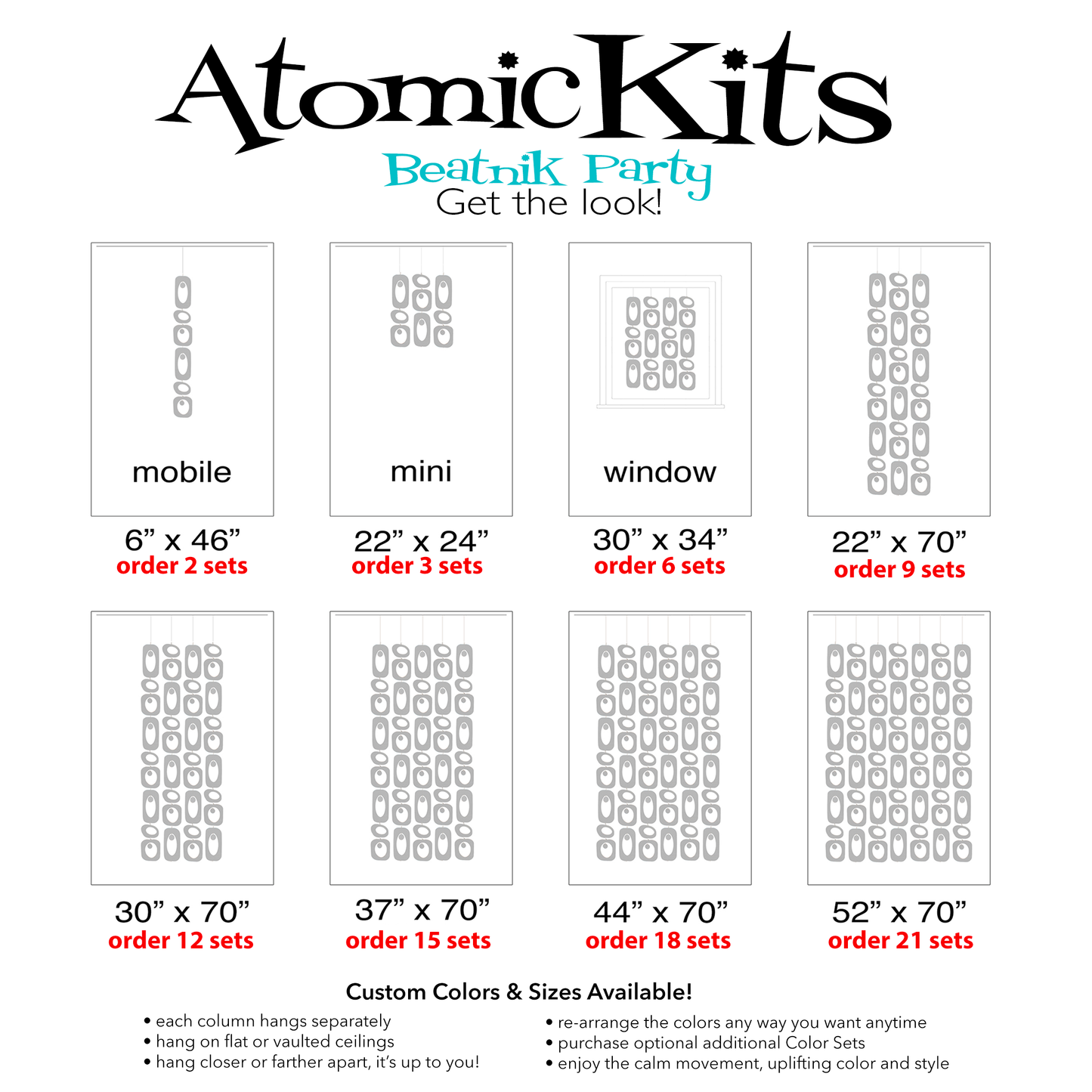 Atomic Kits Beatnik Party Size Chart to make mid century modern retro room dividers, art mobiles, and curtains by AtomicMobiles.com