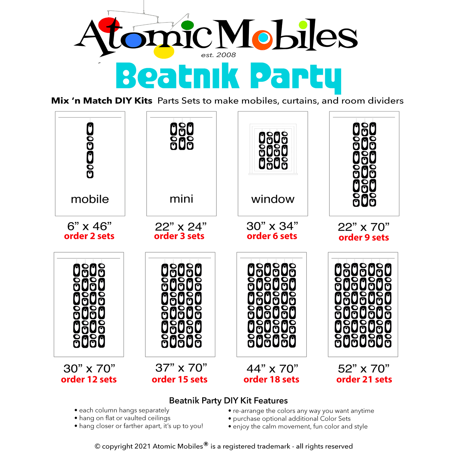 Size Chart for Beatnik Party Mix 'n Match DIY Kits - Parts Sets to make hanging art mobiles, curtains, and room dividers by AtomicMobiles.com