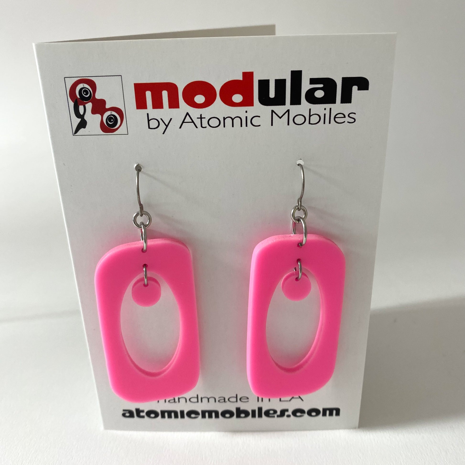 Pink Beatnik Boho Earrings - retro mid century modern earrings in pink acrylic by AtomicMobiles.com