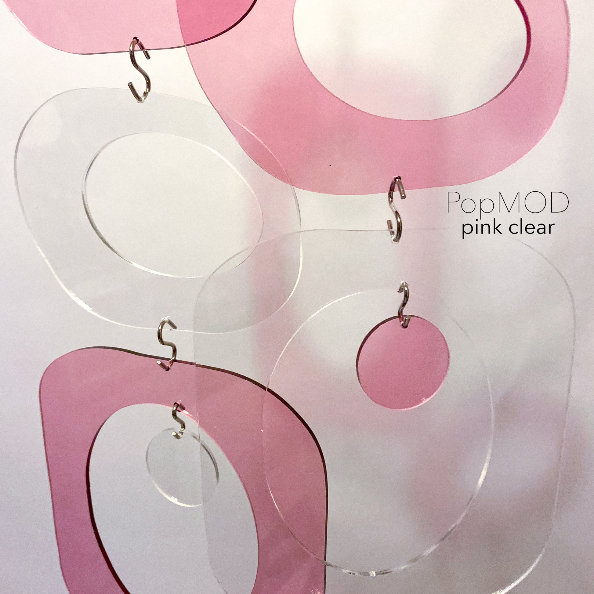 Pretty pink and clear plexiglass acrylic DIY Atomic Kits - hanging art mobiles, curtains, room dividers, screens by AtomicMobiles.com