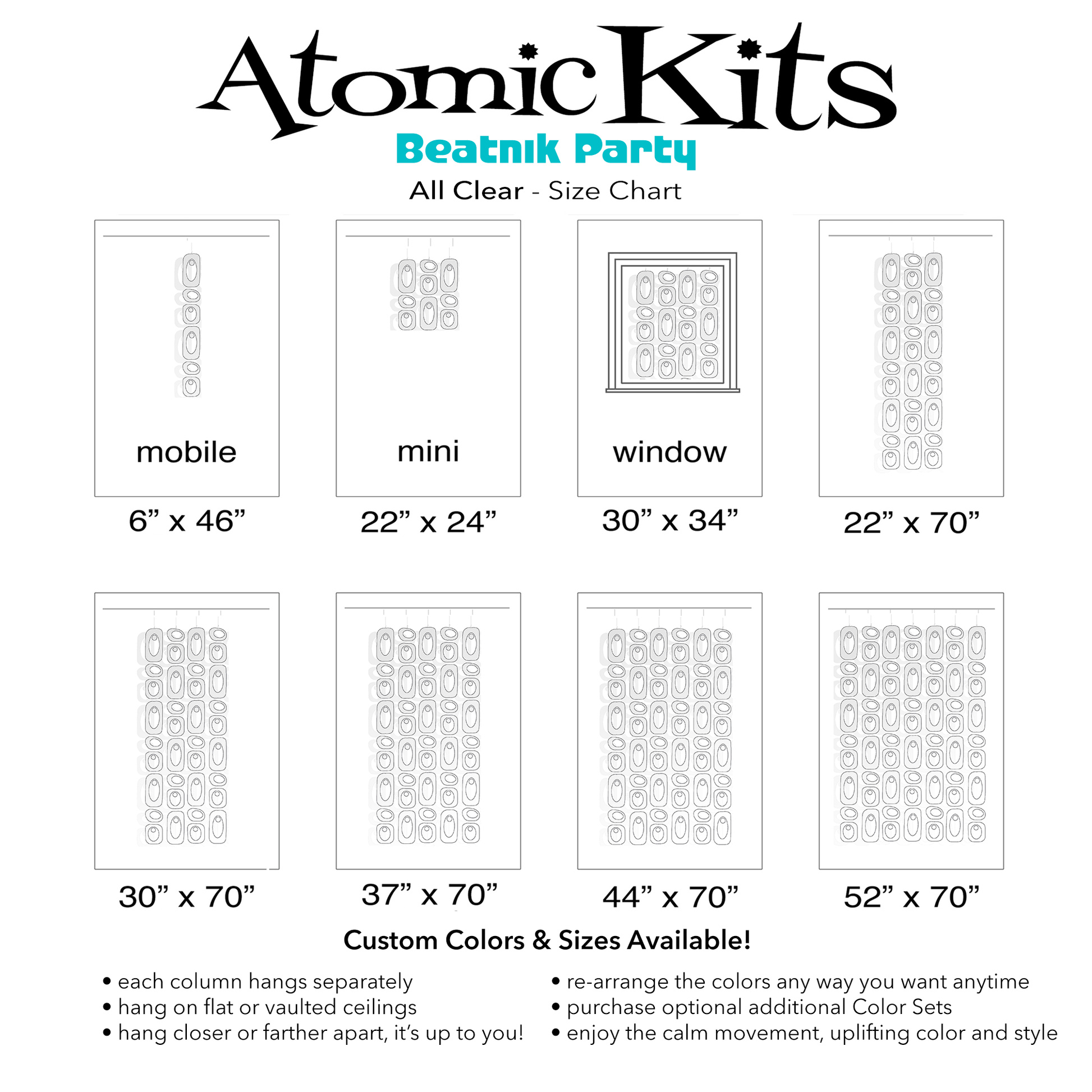 Color Chart for All Clear plexiglass acrylic DIY Atomic Kits  - hanging art mobiles, curtains, room dividers, screens by AtomicMobiles.com