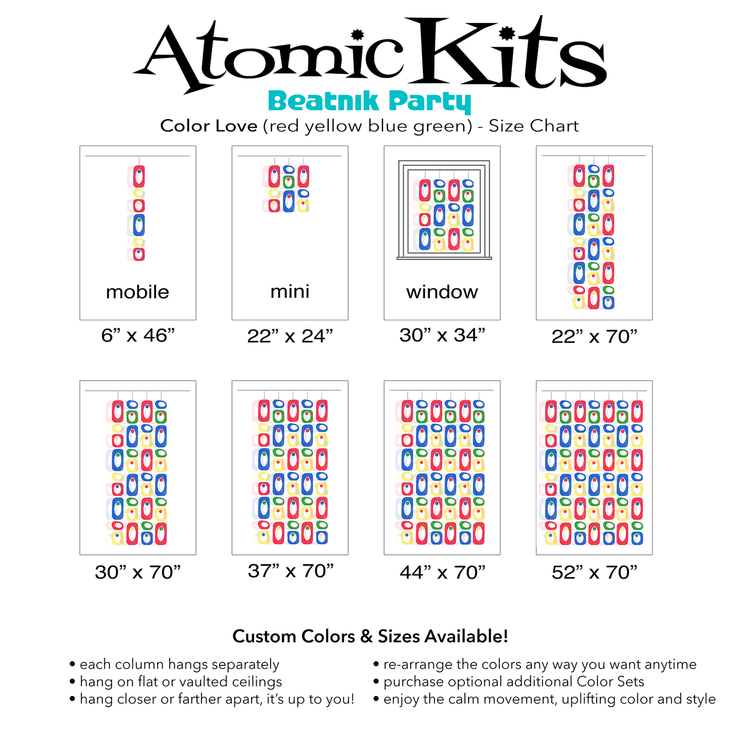 Color Chart for bold red yellow blue and green  DIY Atomic Kits in clear colorful plexiglass acrylic - mid century modern hanging art mobiles, curtains, room dividers, screens by AtomicMobiles.com