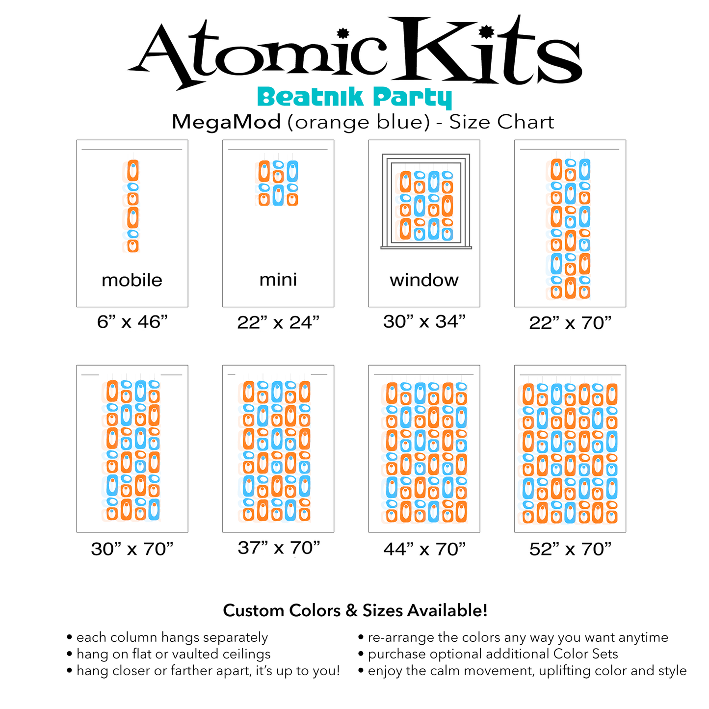 Color Chart for pretty orange and blue DIY Atomic Kits made from clear plexiglass acrylic - Mid Century Modern retro hanging art mobiles, curtains, room dividers, screens by AtomicMobiles.com