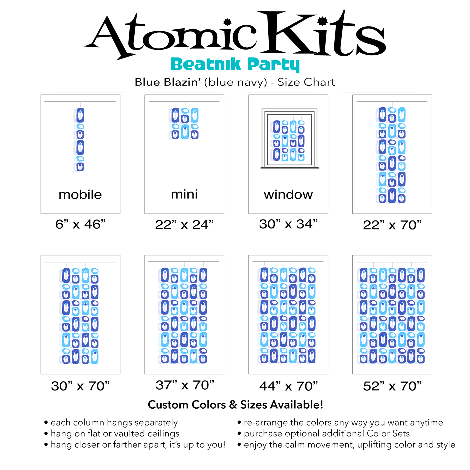 Color Chart for beautiful blue and navy DIY Atomic Kits - Mid Century Modern retro hanging art mobiles, curtains, room dividers, screens by AtomicMobiles.com