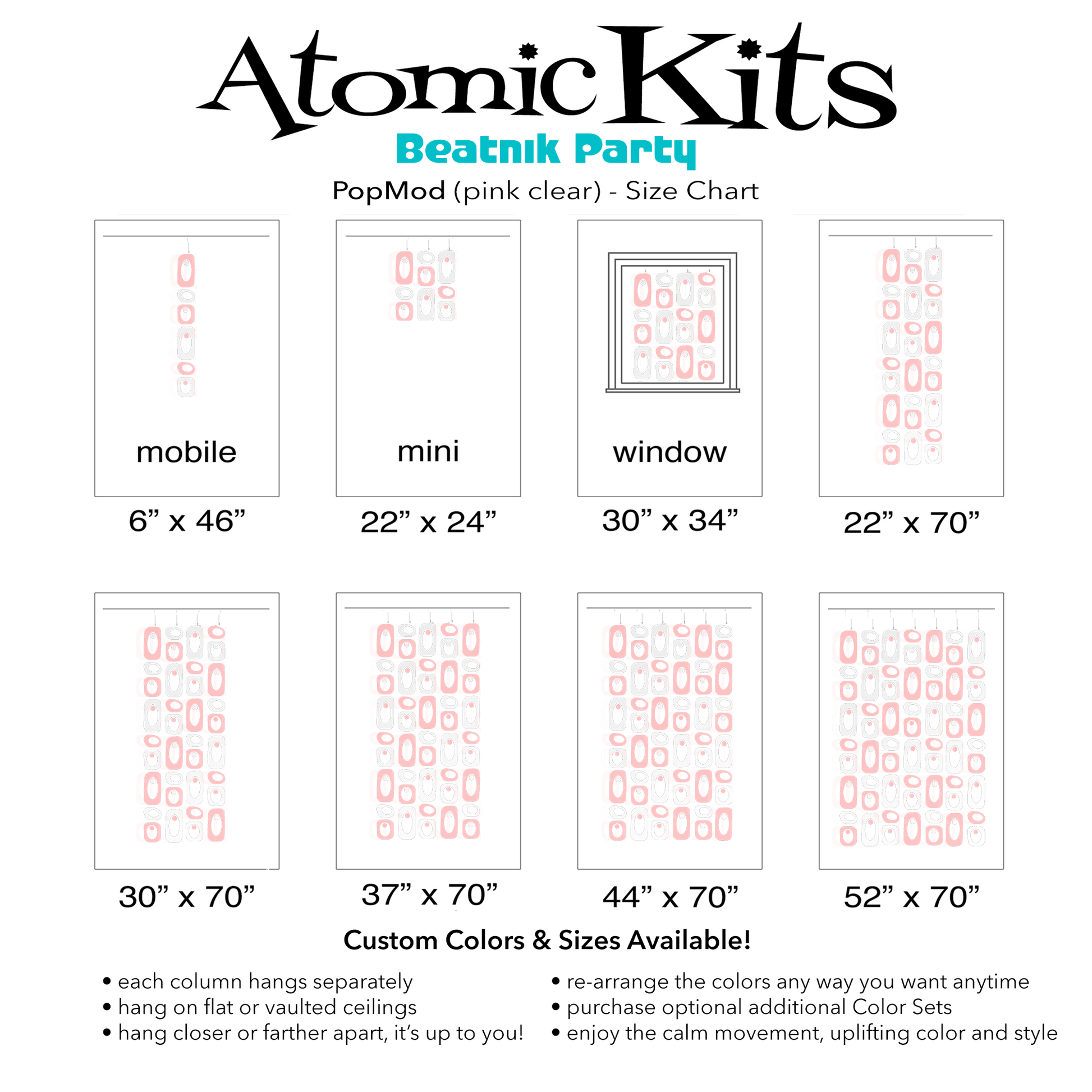Color Chart for pretty pink and clear DIY Atomic Kits - hanging art mobiles, curtains, room dividers, screens by AtomicMobiles.com