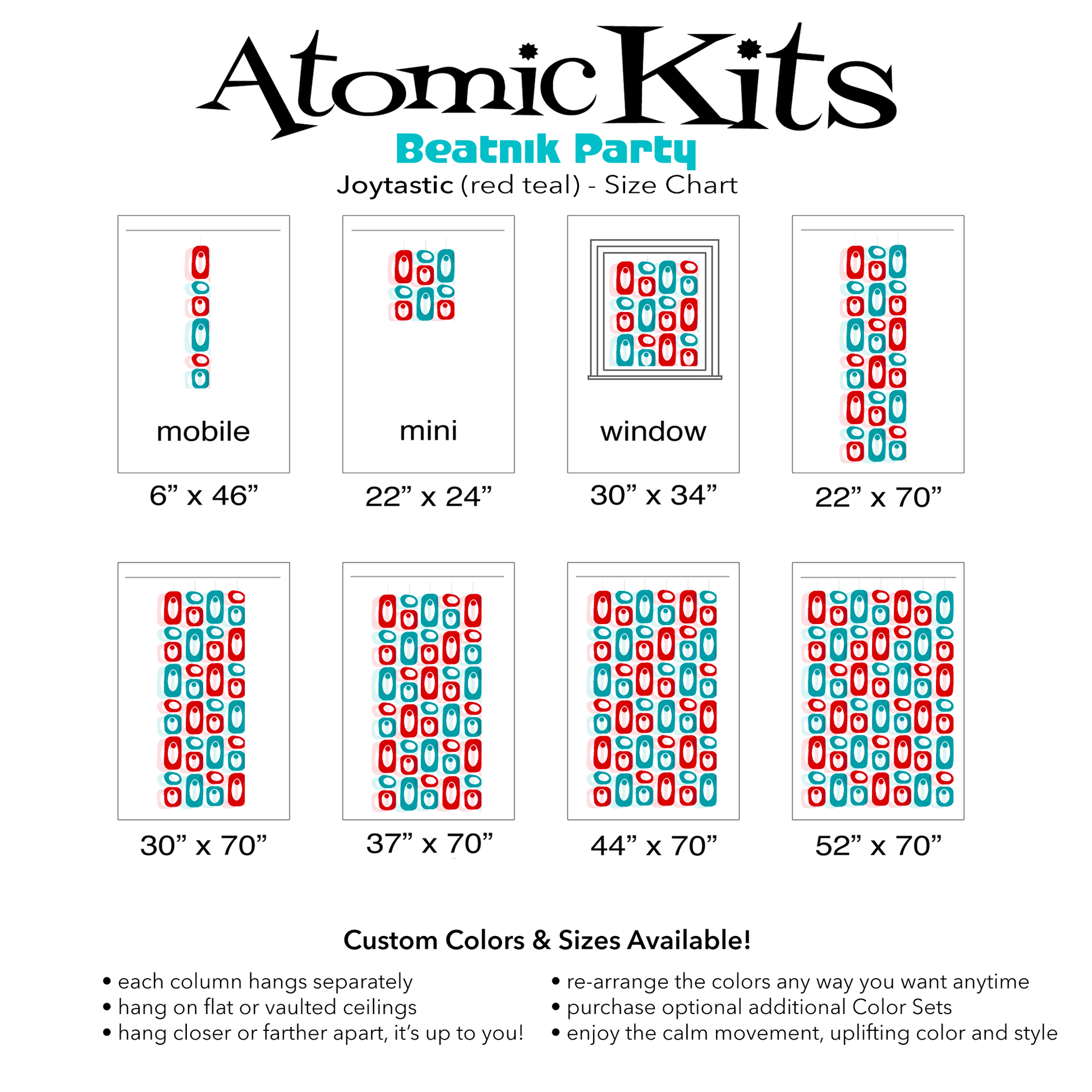 Size Chart for Gorgeous red and teal plexiglass acrylic DIY Atomic Kits - Mid Century Modern style hanging art mobiles, curtains, room dividers, screens by AtomicMobiles.com