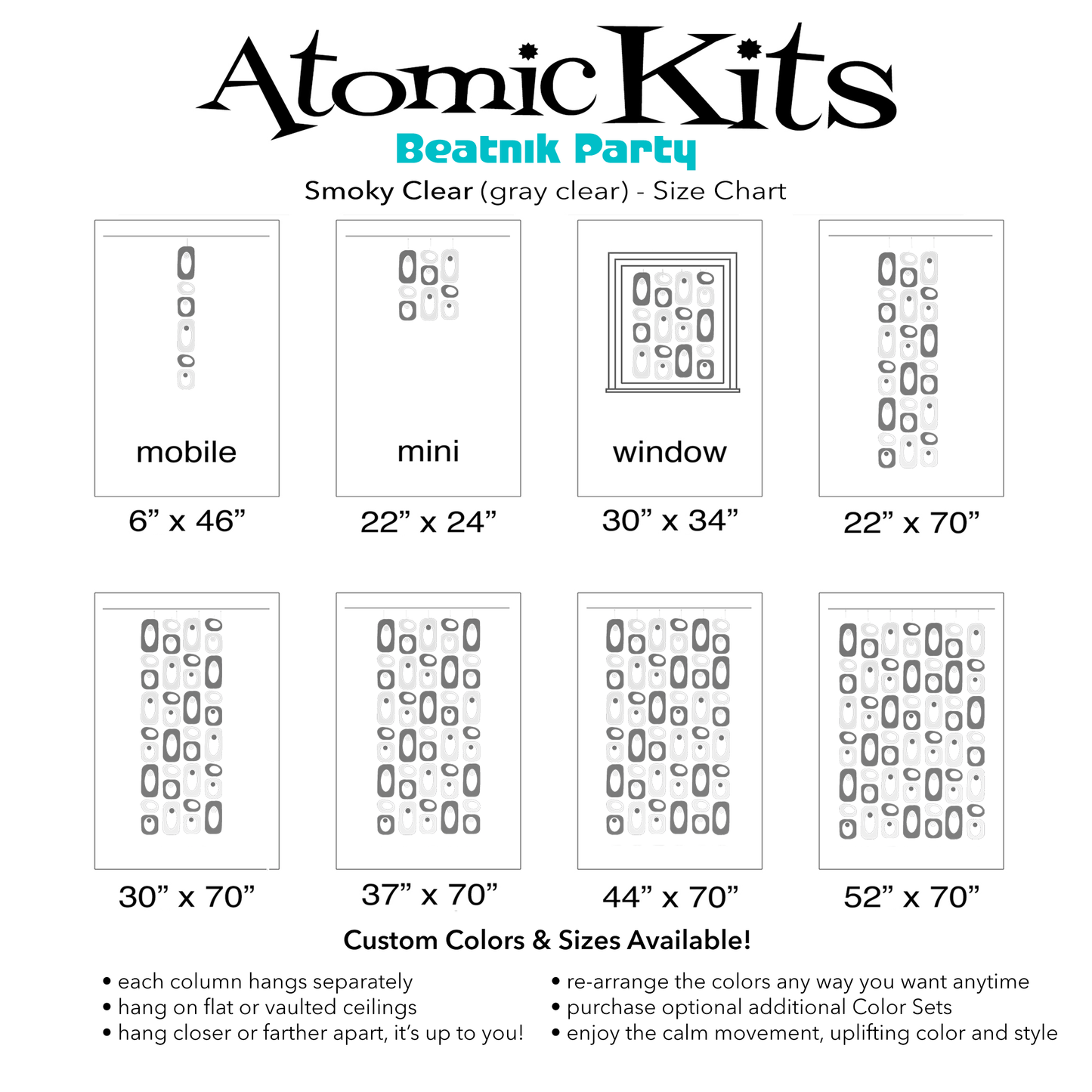 Color Chart for Smoky gray and clear DIY Atomic Kits  - hanging art mobiles, curtains, room dividers, screens by AtomicMobiles.com