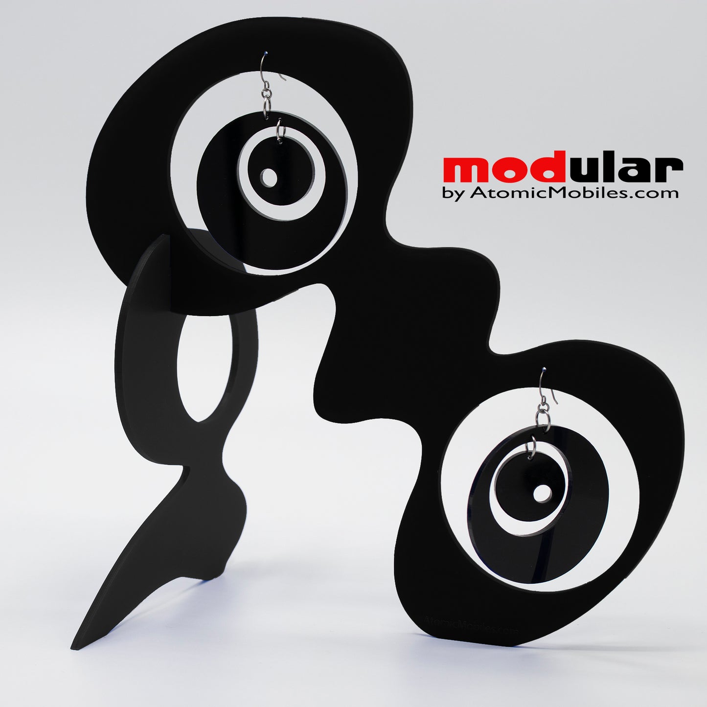 Handmade Groovy style earrings and stabile kinetic modern art sculpture in Black by AtomicMobiles.com