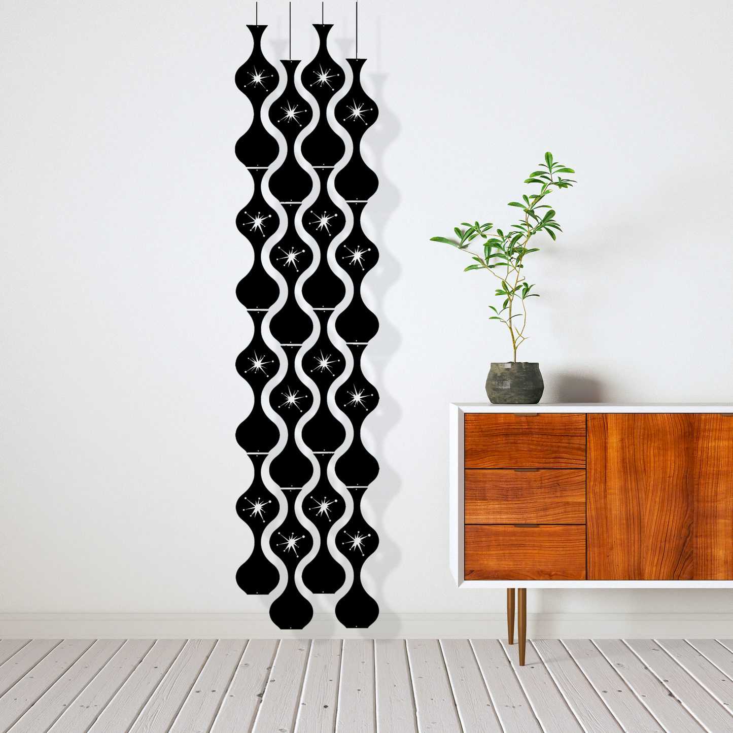 Jeannie Stardust Mid Century Modern black retro room divider panels DIY Kit next to modern credenza - by AtomicMobiles.com