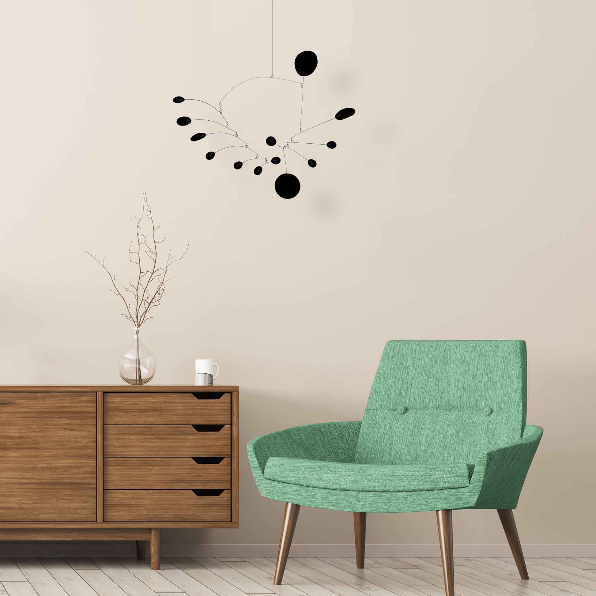 Black Papillon Hanging Art Mobile in mid century modern room with wood sideboard credenza, aqua mcm chair, plant, and coffee mug - kinetic mobile sculpture by AtomicMobiles.com
