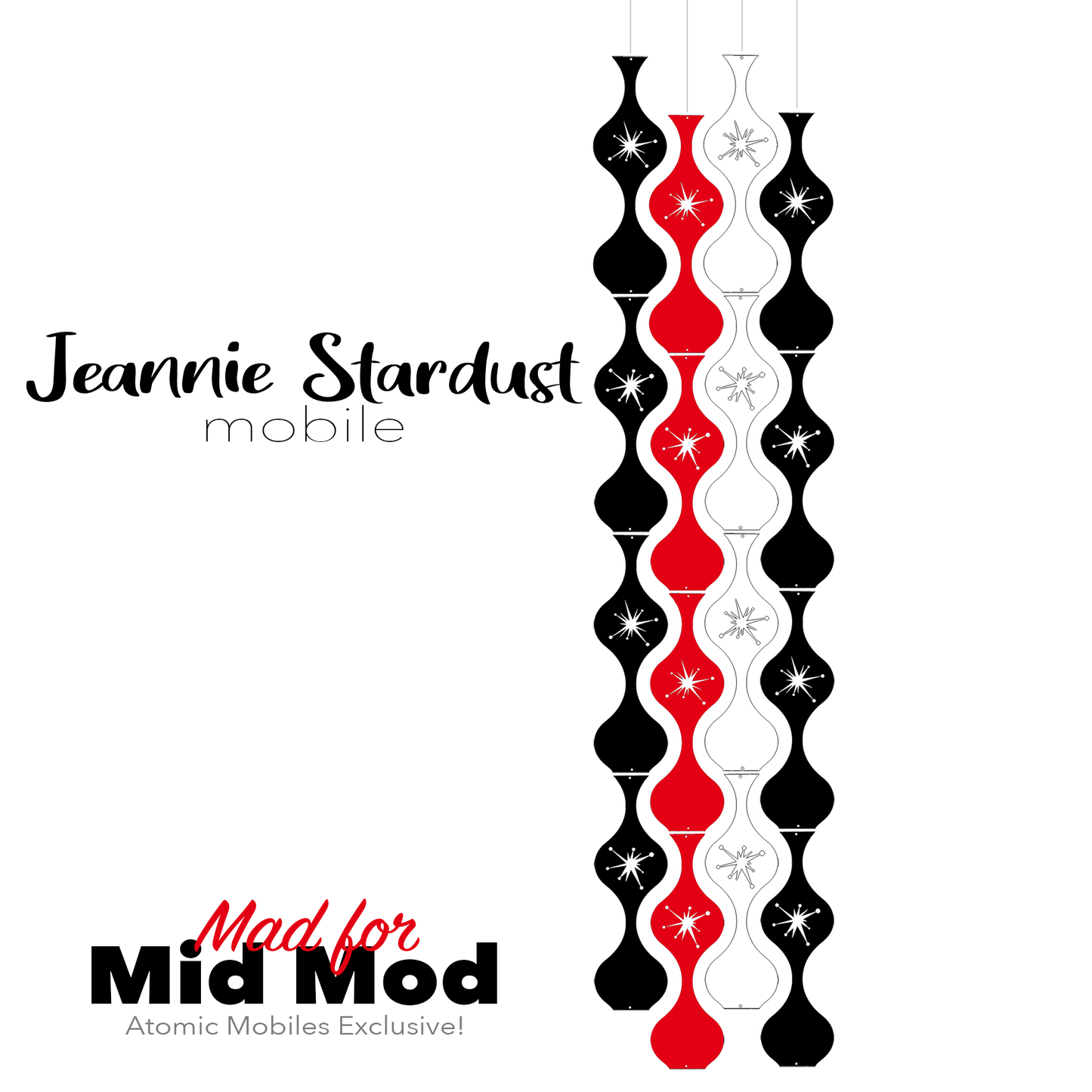 Mad for Mid Mod Jeannie Stardust Hanging Art Mobile - mid century modern home decor in Black Red and White - by AtomicMobiles.com