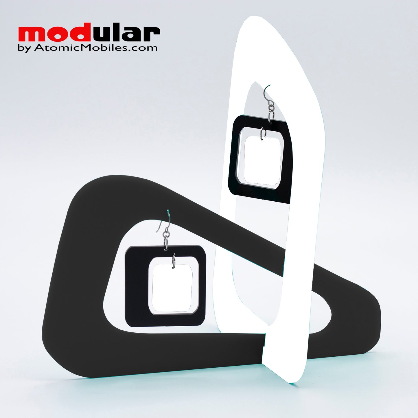 Handmade Coolsville mod style earrings and stabile kinetic modern art sculpture in White and Black by AtomicMobiles.com