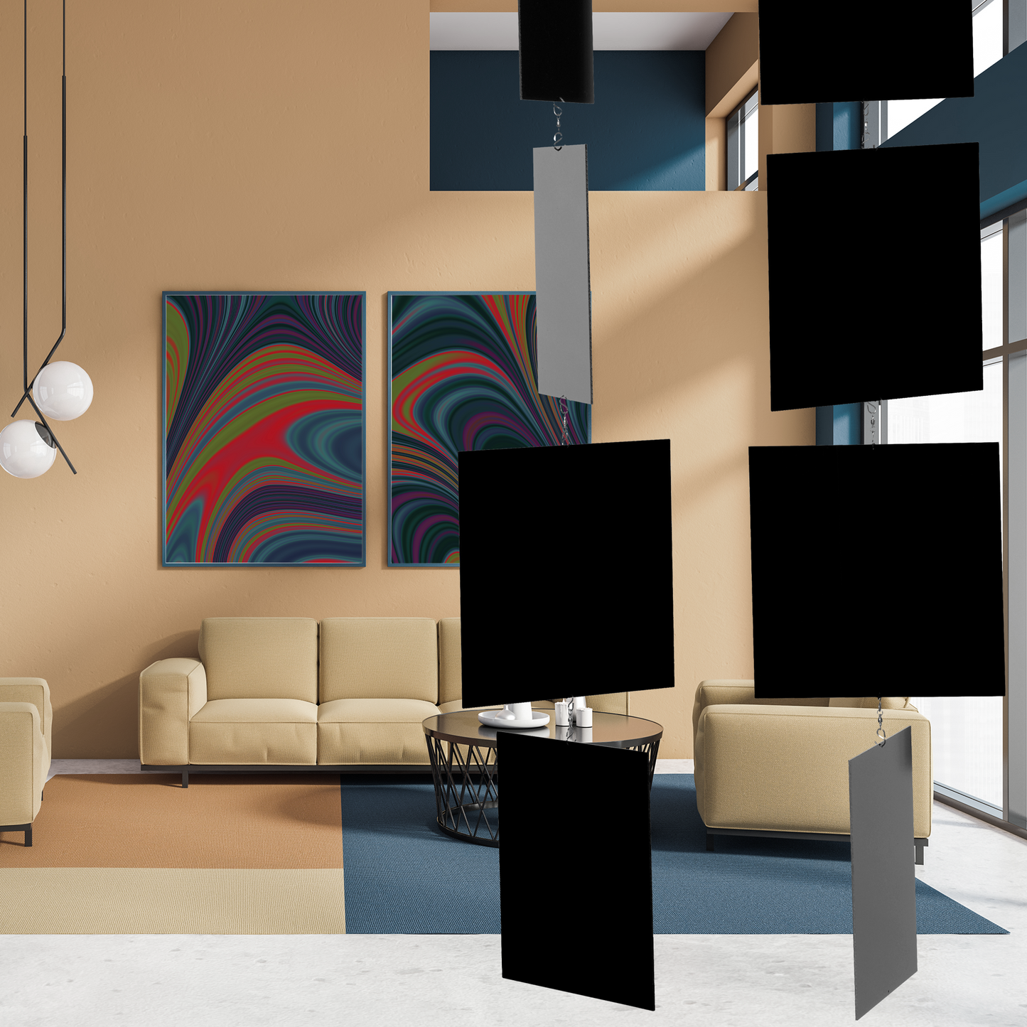 Beautiful living room with abstract framed art prints, beige furniture, and black MODcast hanging kinetic art mobiles by AtomicMobiles.com