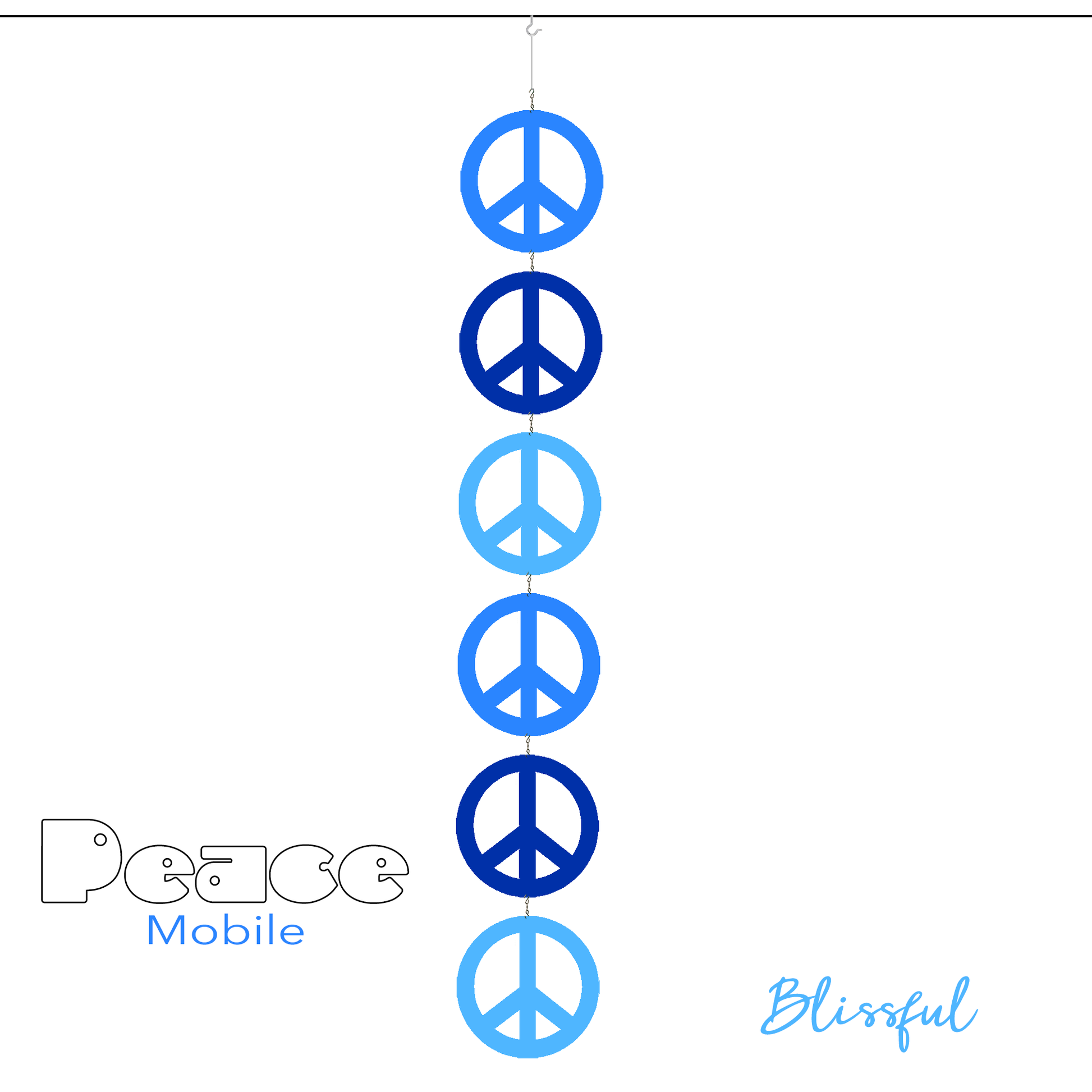 Blissful Blue Peace Mobile - 6 Peace signs in 2 shades of blue - kinetic hanging art mobile symbolizes World Peace - by AtomicMobiles.com