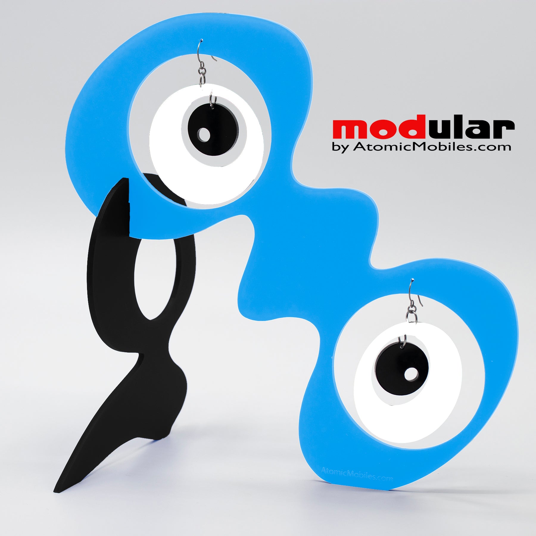 Handmade Groovy style earrings and stabile kinetic modern art sculpture in Blue Black and White by AtomicMobiles.com