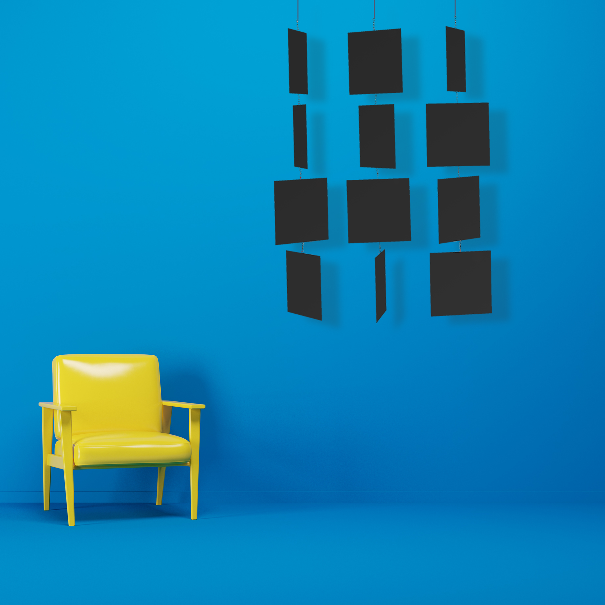 MODcast Luxury Hanging Art Mobiles on blue wall with yellow chair - mobiles by AtomicMobiles.com