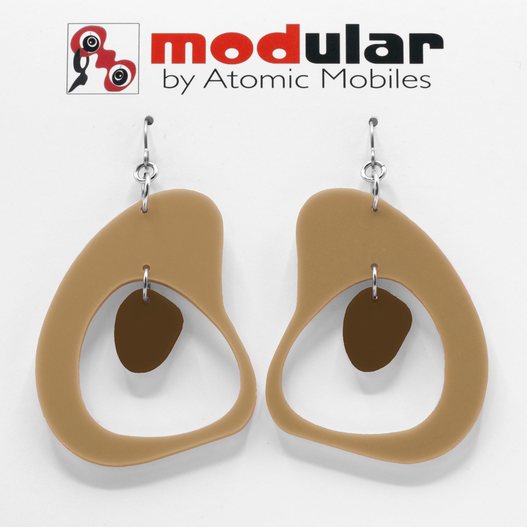 MODular Earrings - Boomerang Statement Earrings in Beige Tan and Brown by AtomicMobiles.com - retro era inspired mod handmade jewelry