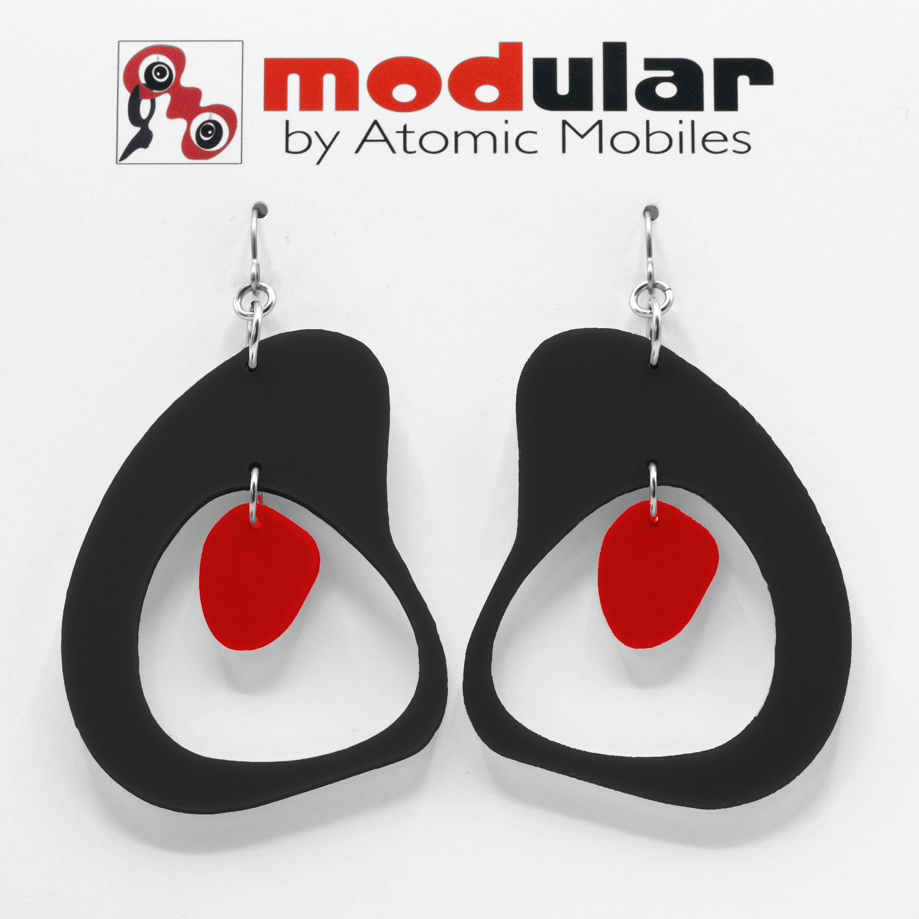 MODular Earrings - Boomerang Statement Earrings in Black and Red by AtomicMobiles.com - retro era inspired mod handmade jewelry
