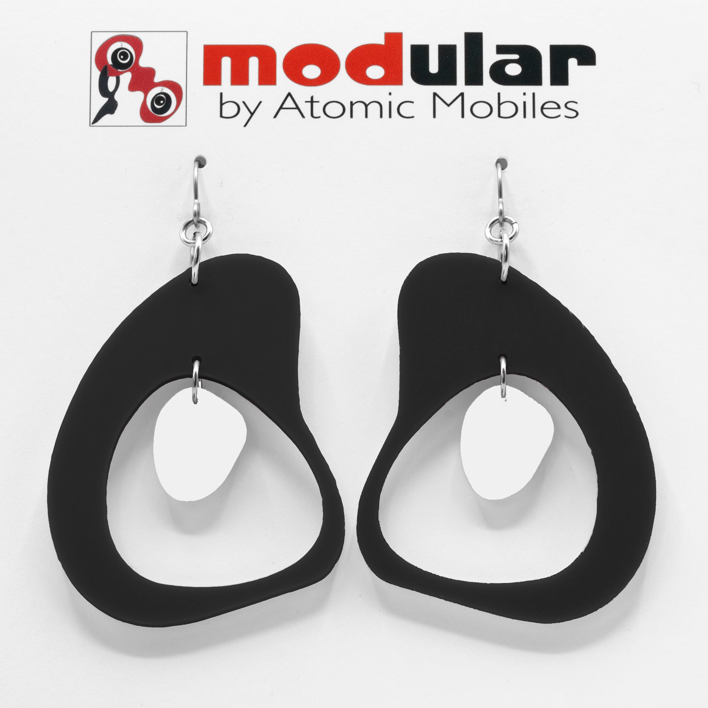 MODular Earrings - Boomerang Statement Earrings in Black and White by AtomicMobiles.com - retro era inspired mod handmade jewelry