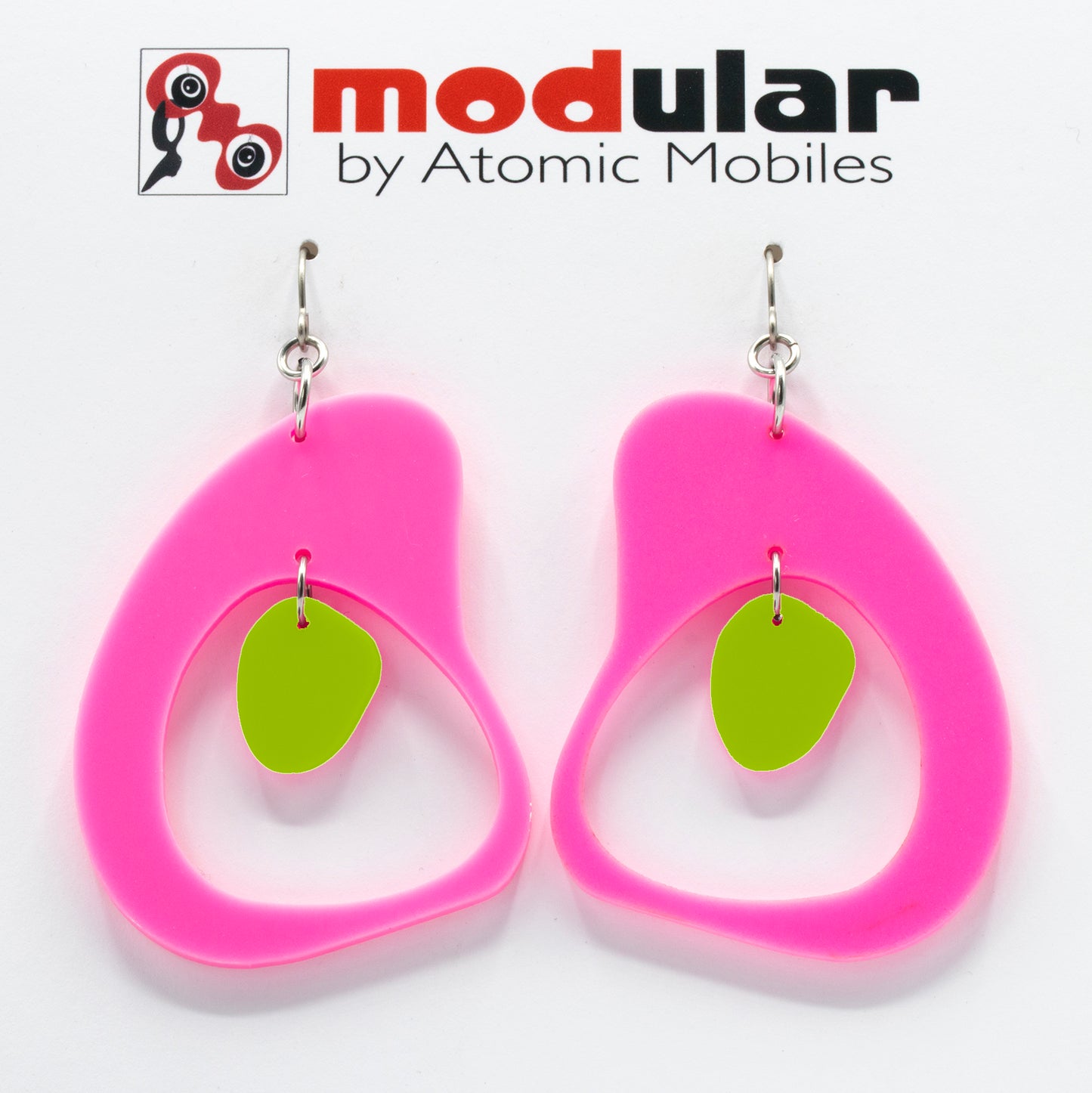 MODular Earrings - Boomerang Statement Earrings in Hot Pink and Lime by AtomicMobiles.com - retro era inspired mod handmade jewelry