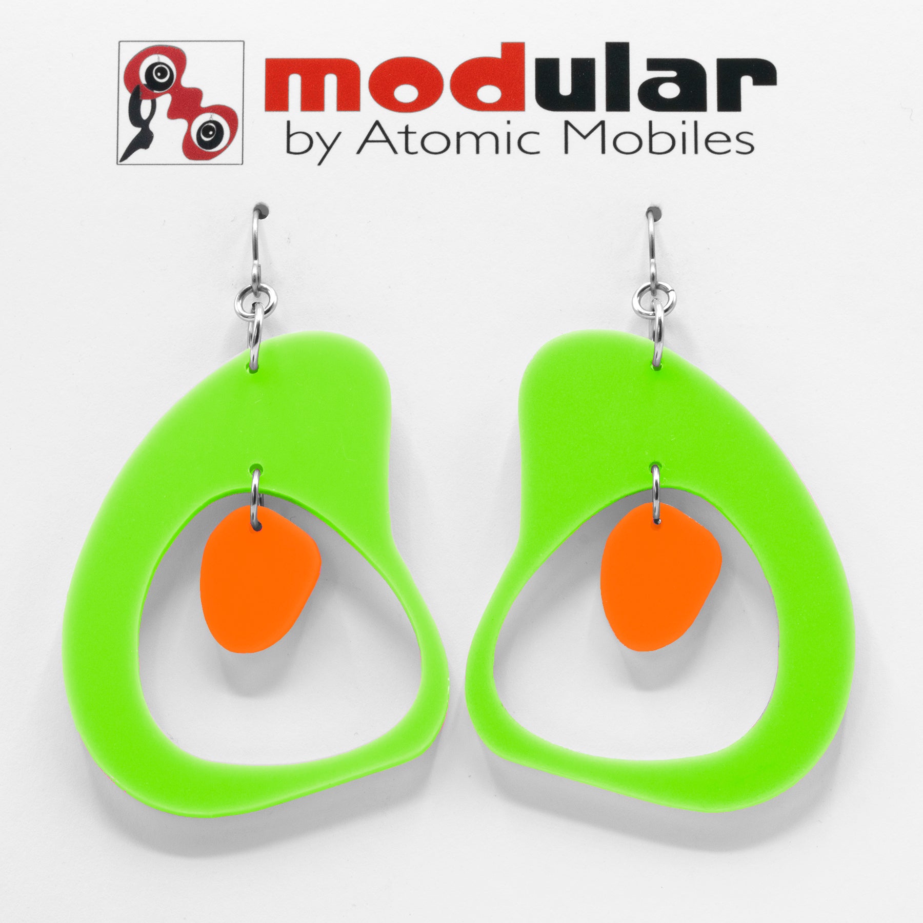 MODular Earrings - Boomerang Statement Earrings in Lime and Orange by AtomicMobiles.com - retro era inspired mod handmade jewelry